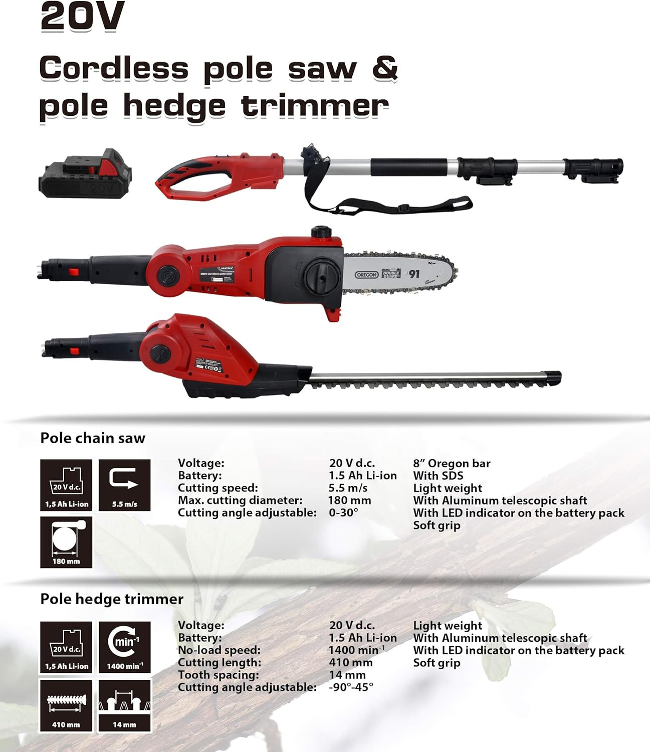 20V Cordless Pole Chainsaw Hedge Trimmer Combo image number 6