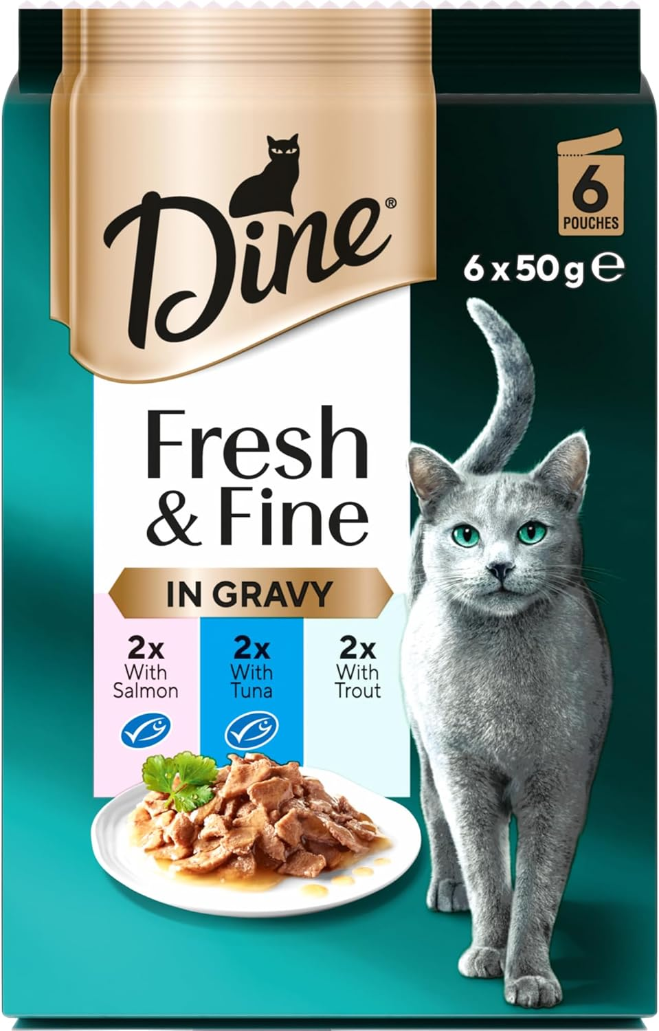 Dine Fresh and Fine Wet Cat Food Salmon, Tuna & Trout in Gravy 50G Pouch, 18 Pack image number 2