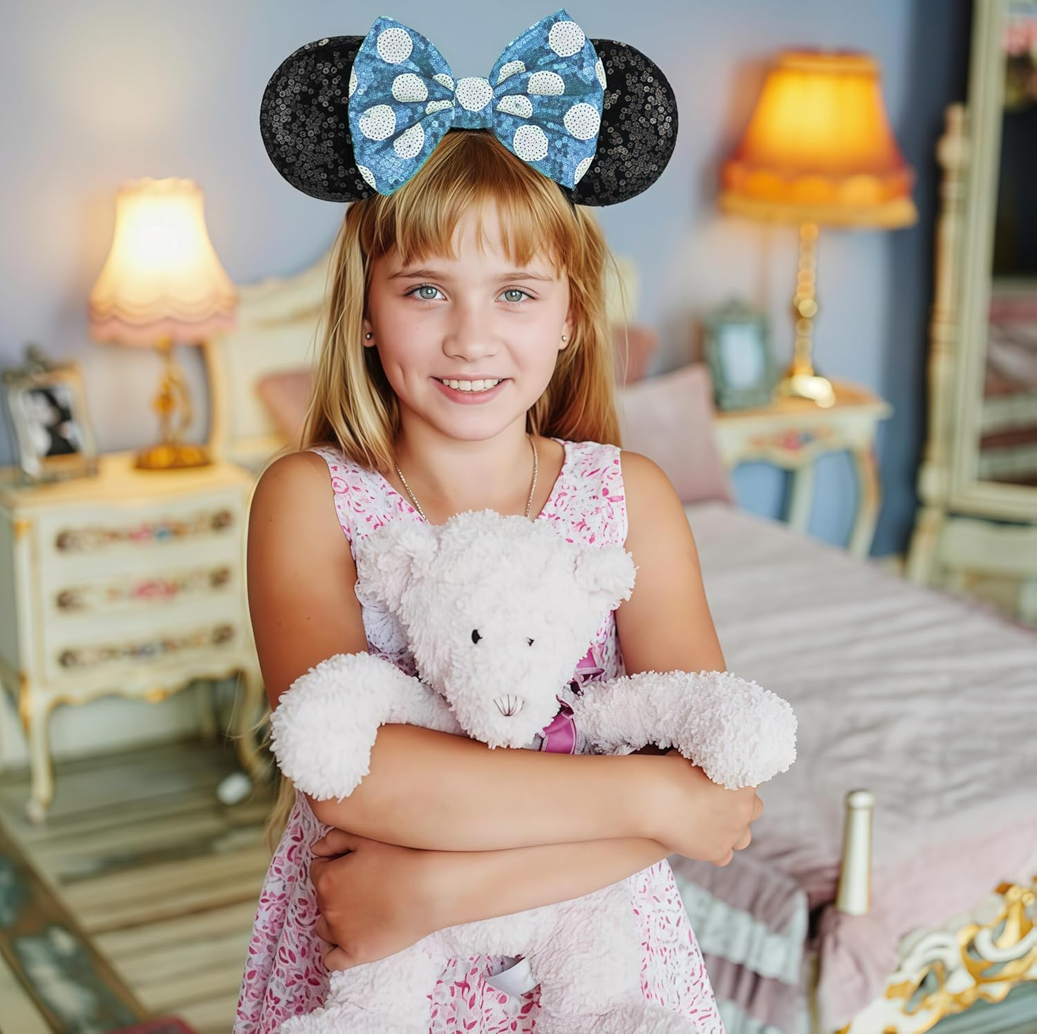 Mouse Ears Headband, Shiny Sequin Bow Headband Stitch Ears Glitter Headband Sparkly Cosplay Party Headband for Kids Girls Women Birthday Halloween Party Decoration Gifts Accessories Y4LPLSFG (Blue)