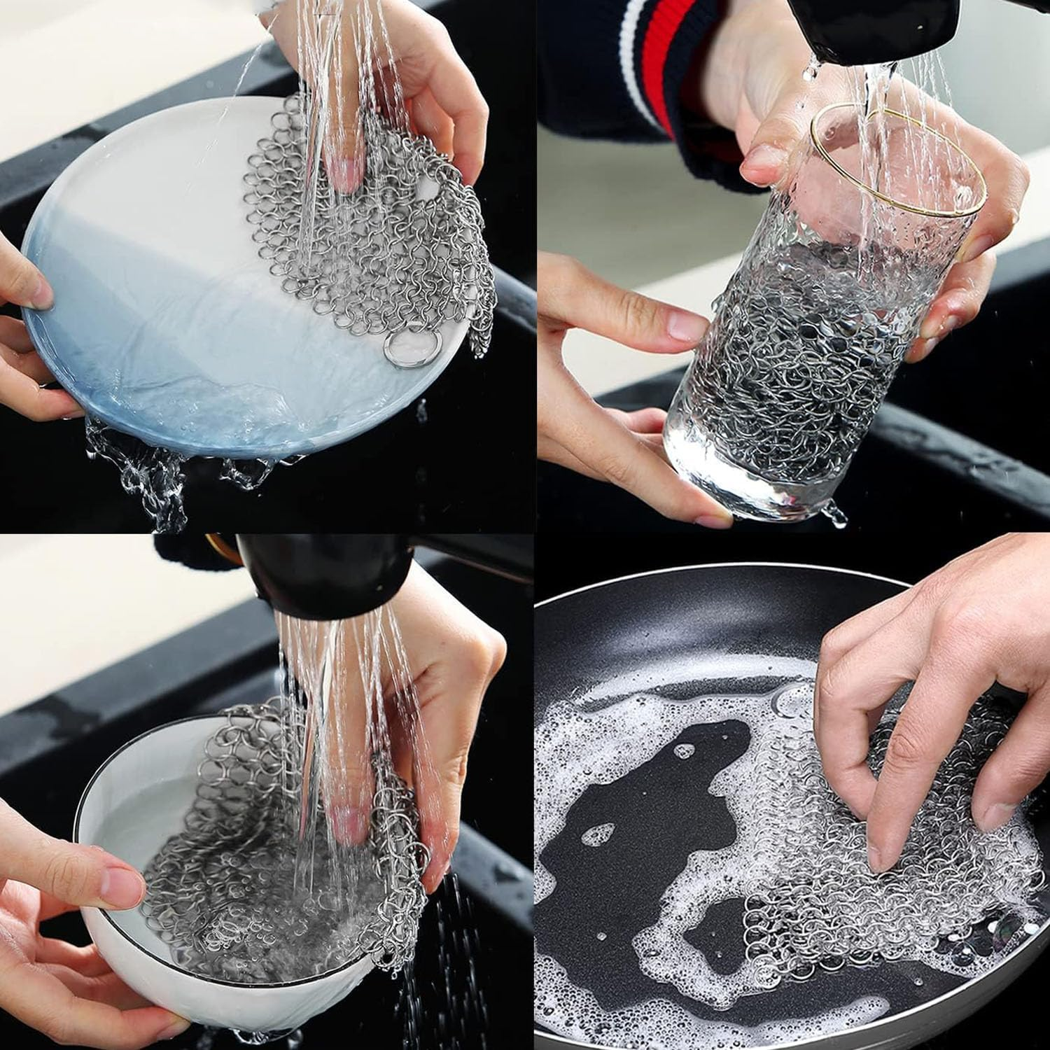 Cast Iron Skillet Cleaner Chainmail Srubber, 2 Pack 5"X 5" Rectangle & 4"X 4" round Premium Stainless Steel Chain Maille Scrubber Metal Scrubber for Cast Iron Pans CS03 Skillet Wok Pot Glassware image number 6