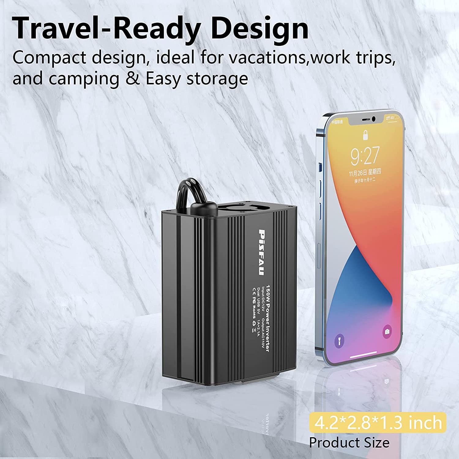 150W Power Inverter 12V DC to 110V AC Car Plug Adapter Outlet Converter with 3.1A Dual USB AC Car Charger for Laptop Computer Black - Black image number 4