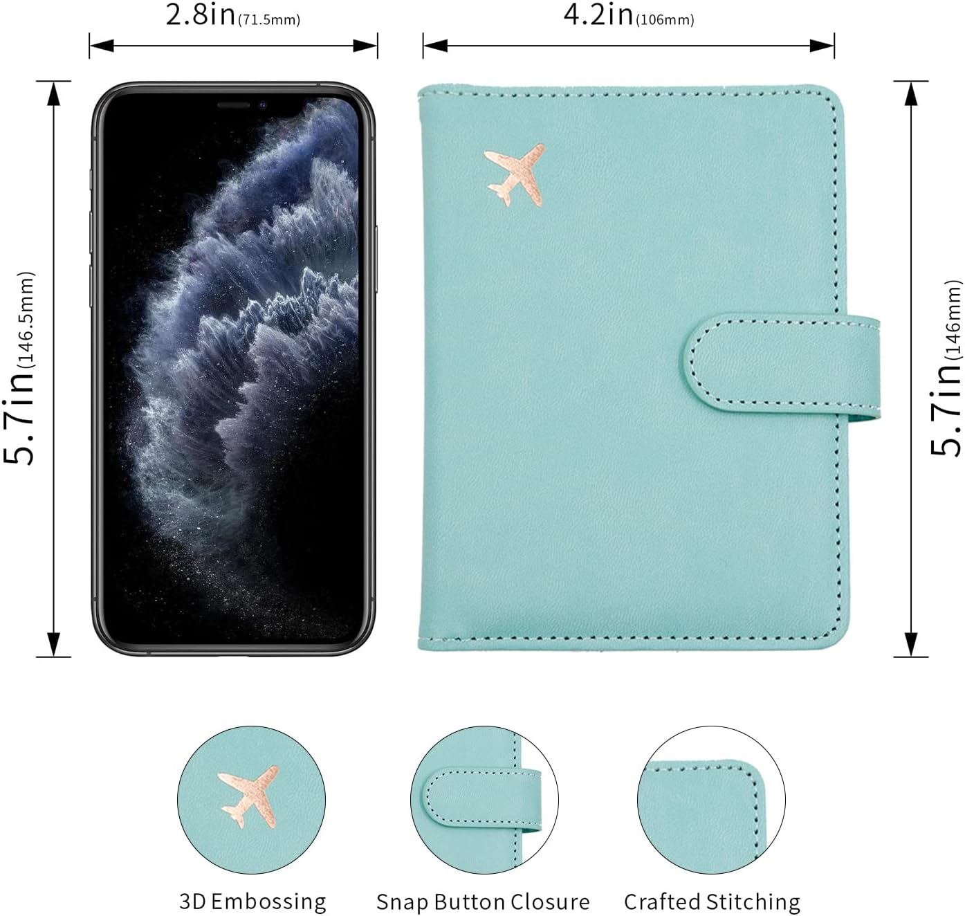 Deziliao Passport and Vaccine Card Holder Combo, PU Leather Passport Holder with Vaccine Card Slot, Passport Wallet for Men and Women&hellip;, Aqua Green, Upgrade - Black-Fly image number 2