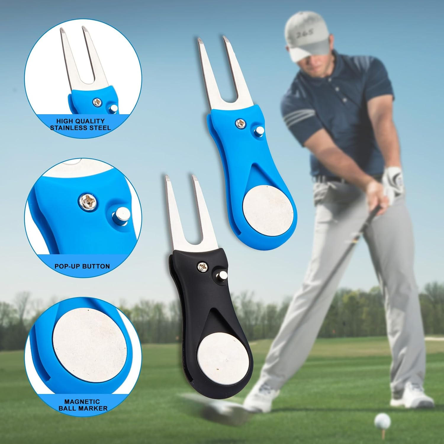 Golf Divot Repair Tool, 2 Pack Divot Fork with Magnetic Button Ball Marker, Stainless Steel Foldable Pop-Up Divot Turf Fork Metal Putting Fork Golf Green Tool for Golfers, Black & Blue image number 1