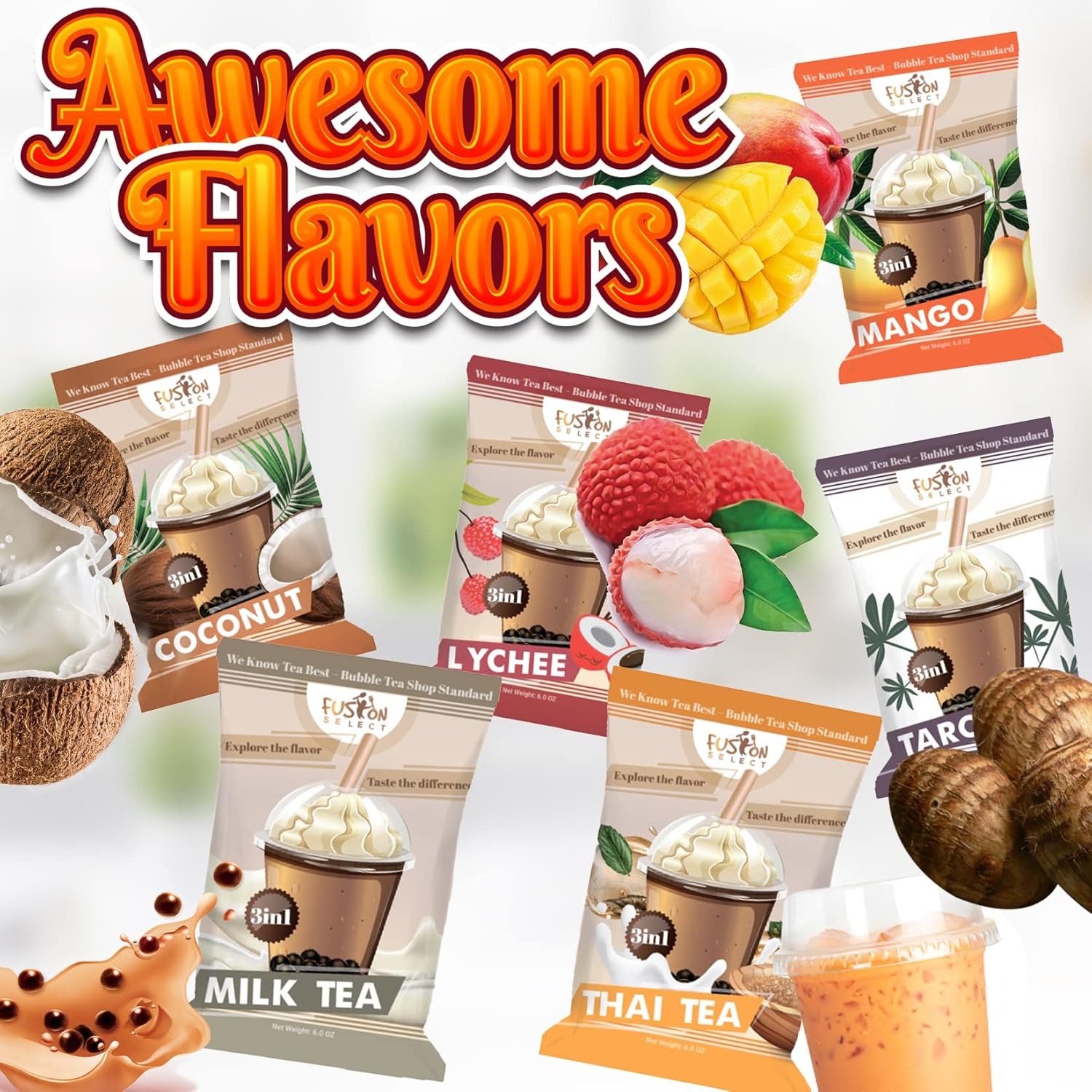 Ultimate DIY Bubble Tea Kit - 6 Flavors with Taro, Lychee, Coconut, Mango, Milk Tea, and Thai Tea - Makes 36 Drinks with Straws and Authentic Boba image number 6