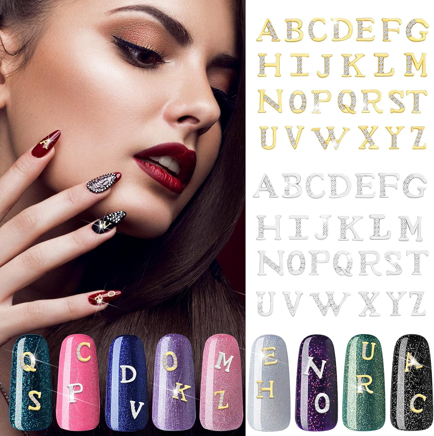 52 Pieces Letters Nail Stud Stickers Alloy Rhinestone Letter Charms 3D Capital Letters Nail Studs Alphabet Nail Charms English Nail Decoration for Women Girls Nail Accessories Home Salon, Gold, Silver - Gold,Silver image number 6
