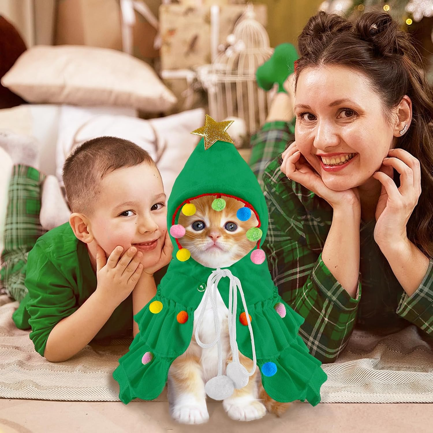 Cat Christmas Outfit Green Pet Cloak with Hat with Star and Pompoms Puppy Cape Clothes Xmas Tree Elf Costumes Party Pet Supplies Accessories for Small Dogs Cats Pet Santa Presents image number 2