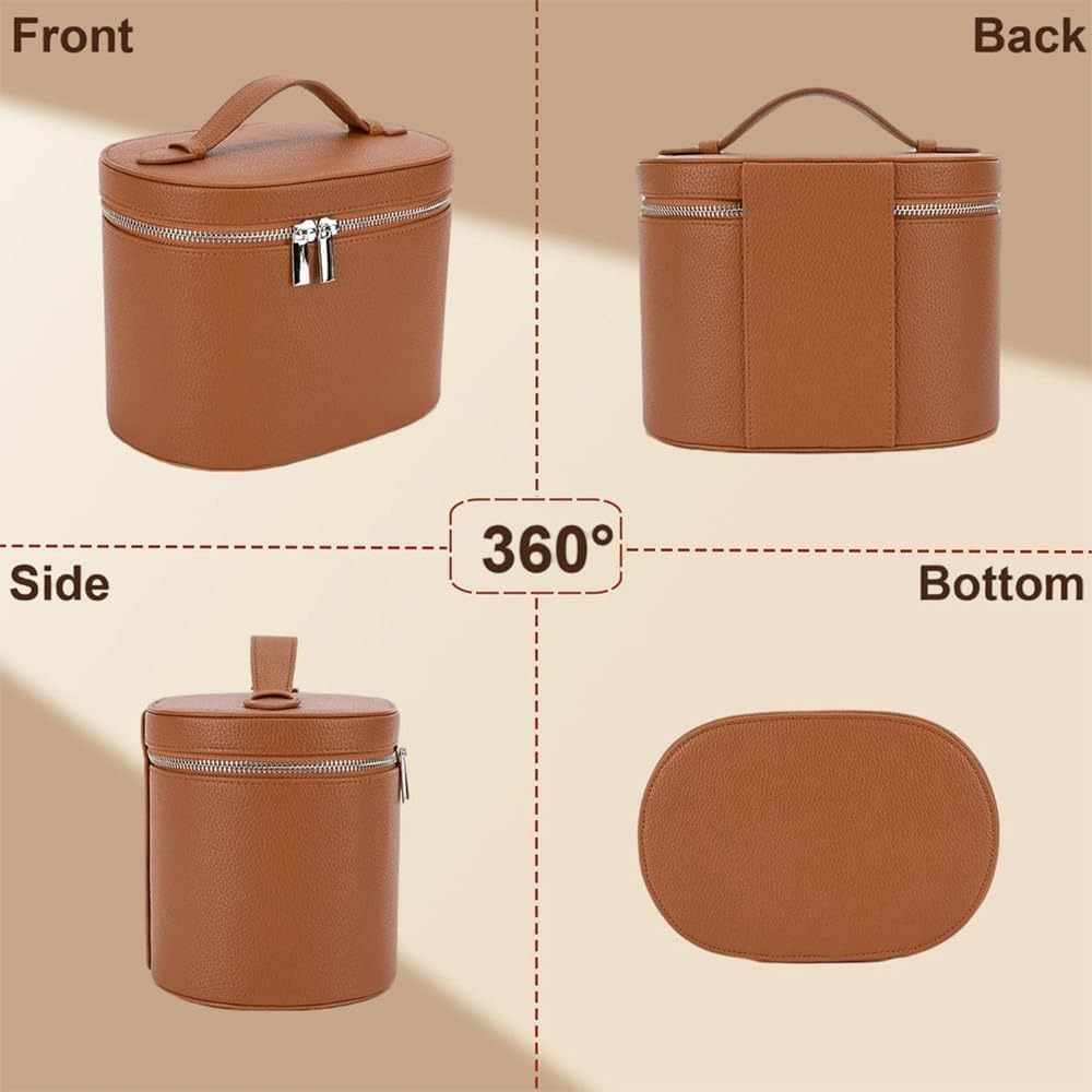 IEMIEBOAMGNOY Leather Make up Bags with Compartments, Brown Travel Cosmetic Bags for Women, Parallel Makeup Travel Bags Organizer Equipped with a Detachable Divider, Brown, Leather Make up Bags image number 2