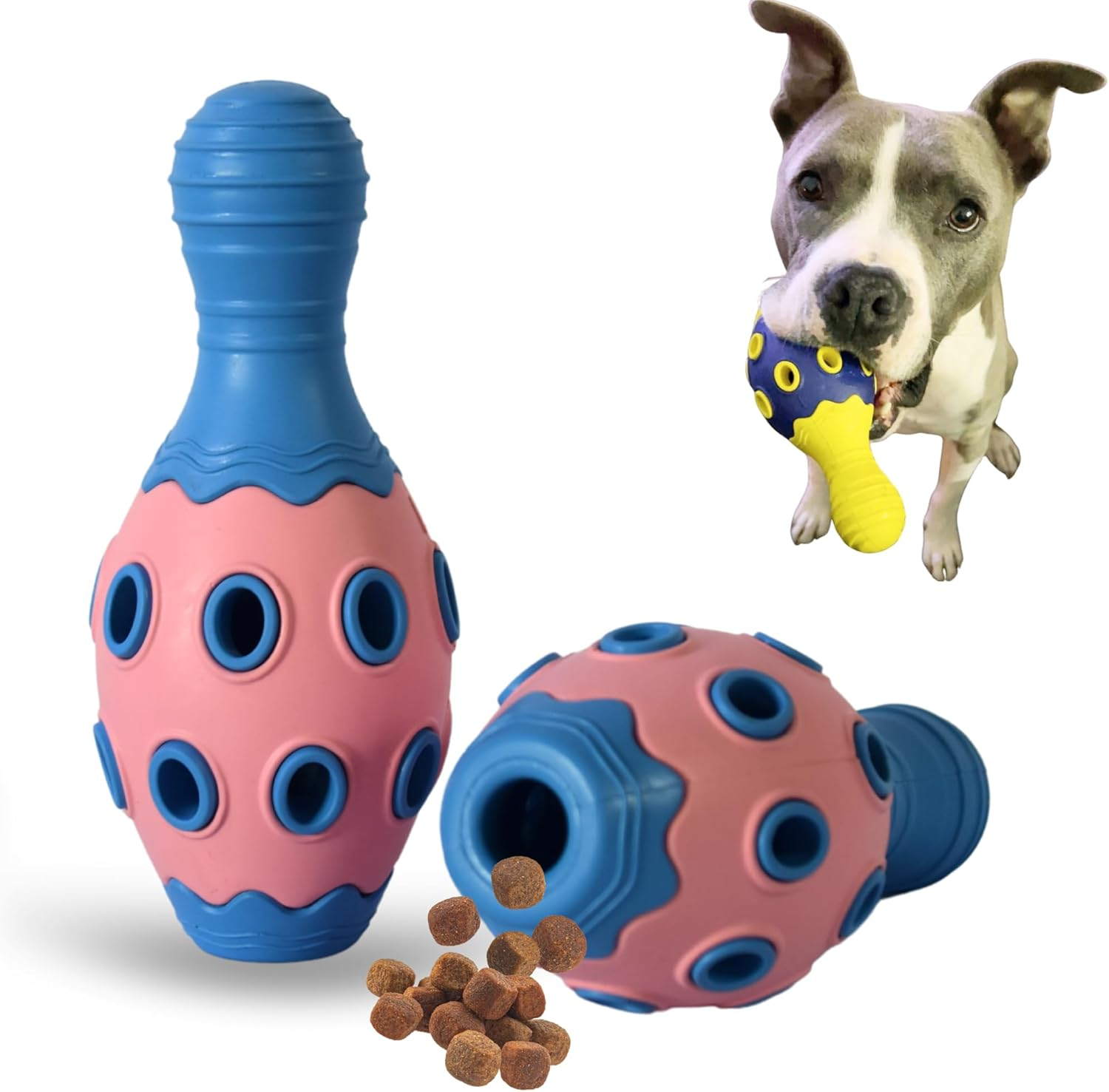 Tuggy Dog Chew Toy,Tough Durable, Bowling Pin Interactive Dog Toys, Food & Treat Puzzle Slow Feeder Dispenser, IQ Mental Stimulation & Enrichment, Small Meduium Large Breed (Yellow/Navy)