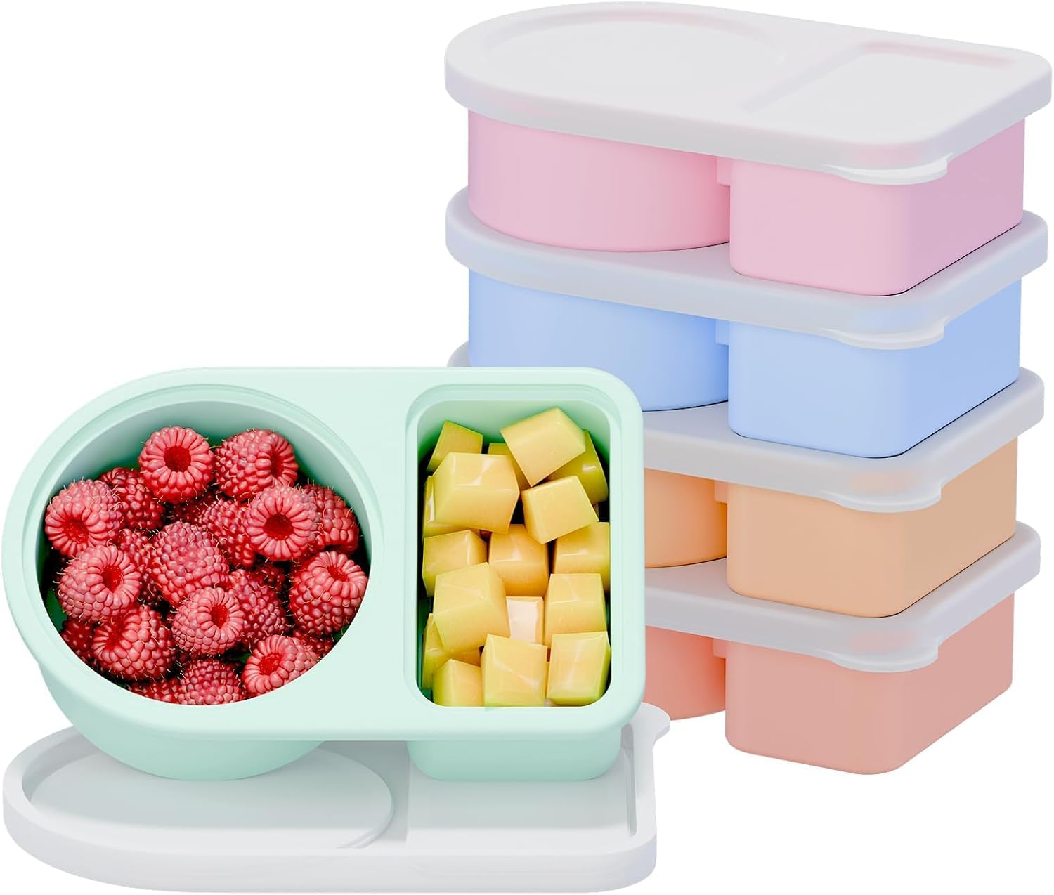 5 Pack Silicone Snack Containers with Lids -Soup Freezer Container Molds-2 Compartments Leak Proof Snackle Boxes, Free Reusable Food Storage for Kids & Adults, Dishwasher Safe image number 6