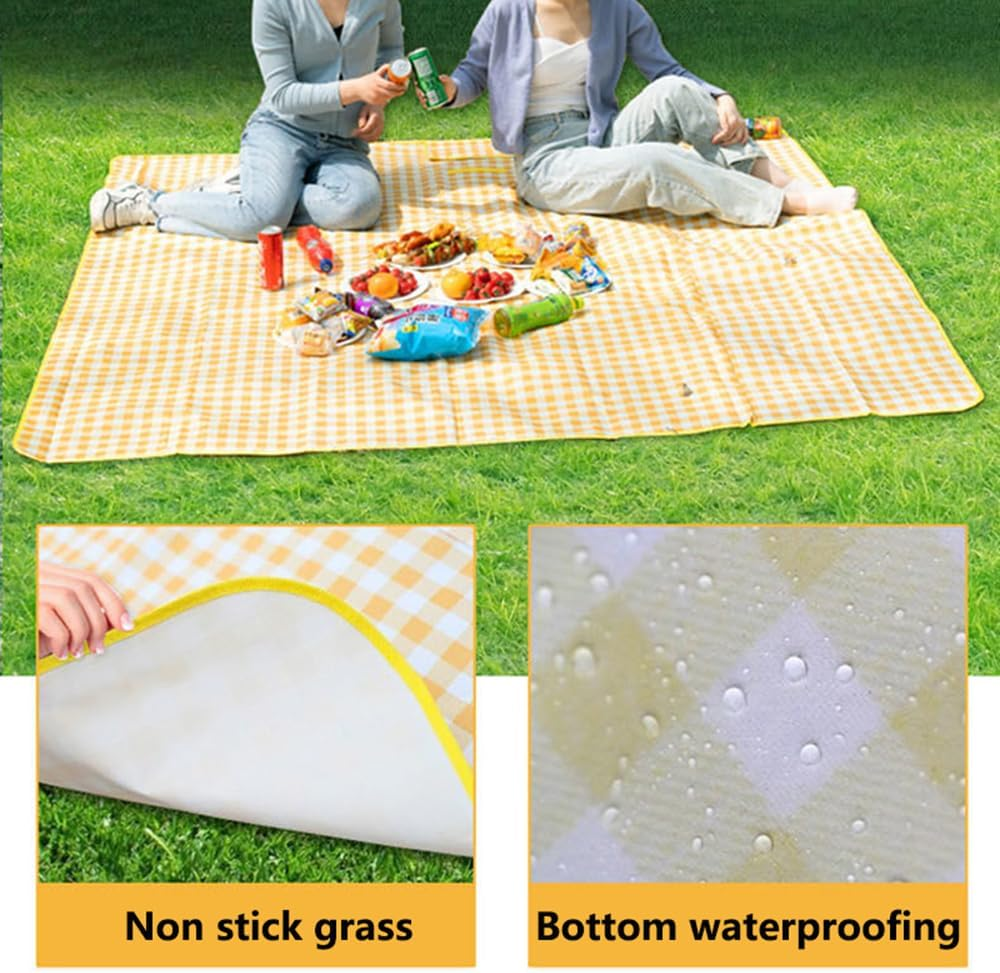 Hbluefat Picnic Blankets Set, Picnic Blankets Mat for 2-4 Adults and Bag Waterproof Quick Drying Outdoor Picnic Mat for Travel Camping Hiking Festival Park Lawn (Yellow Plaids)