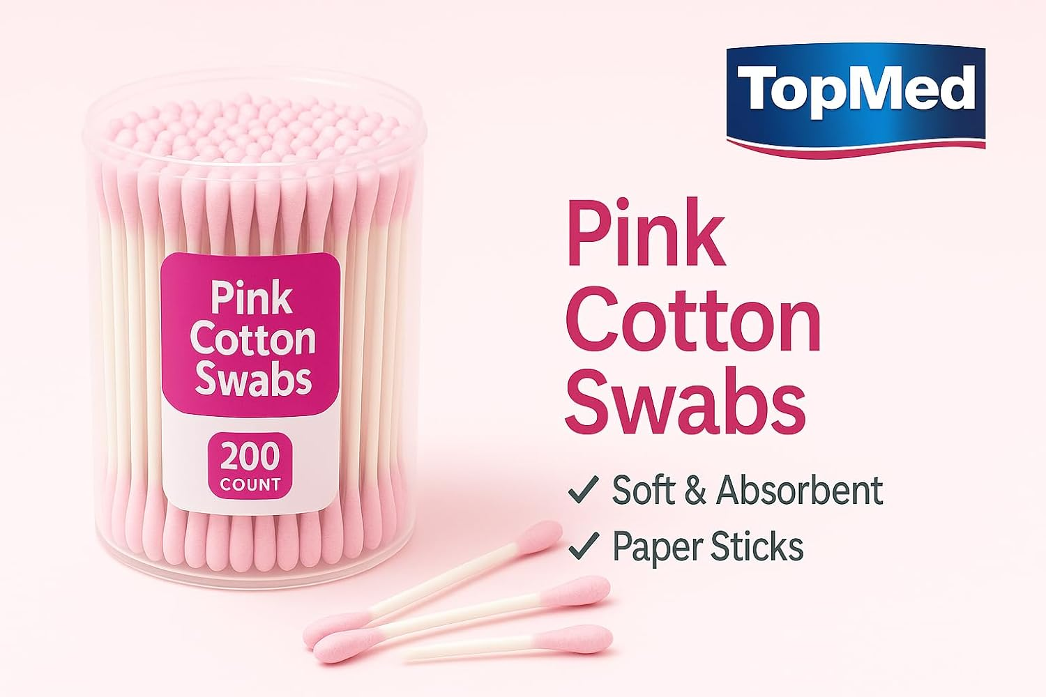 TOPMED PAPER COLOR COTTON BUDS in a round BOX 200 PCS PINK 100% Cotton Sticks - Pink image number 4
