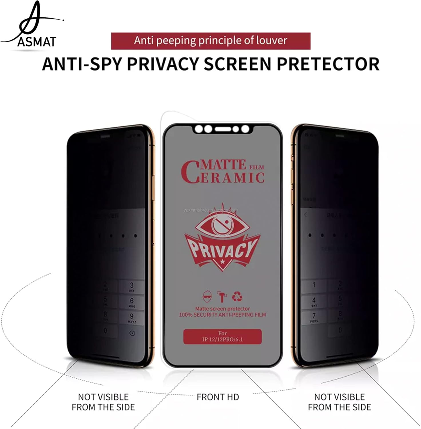ASMAT Matte Ceramic Privacy Screen Protector for Iphone 11, 12, 13, Mini, Pro, Pro Max Tempered Glass Film Case Friendly 9H Hardness anti Spy for Apple (For Apple Iphone 13/13Pro) image number 1