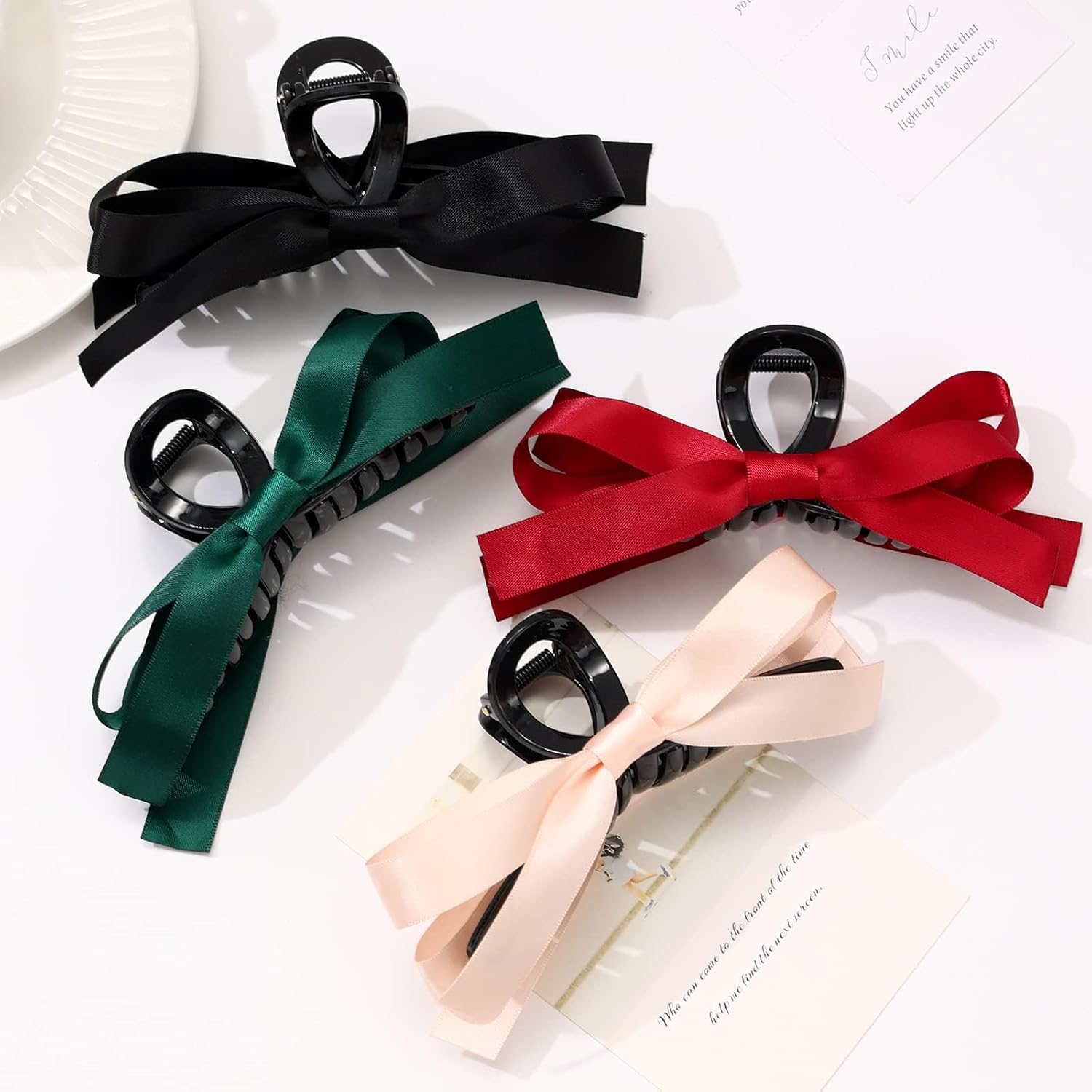 WERPUER 4 Pieces Non-Slip Hair Clip with Bow for Thin Thick Curly Hair Accessories with Bow for Birthday Party Christmas Thanksgiving (Black, Pink, Green, Red) image number 6