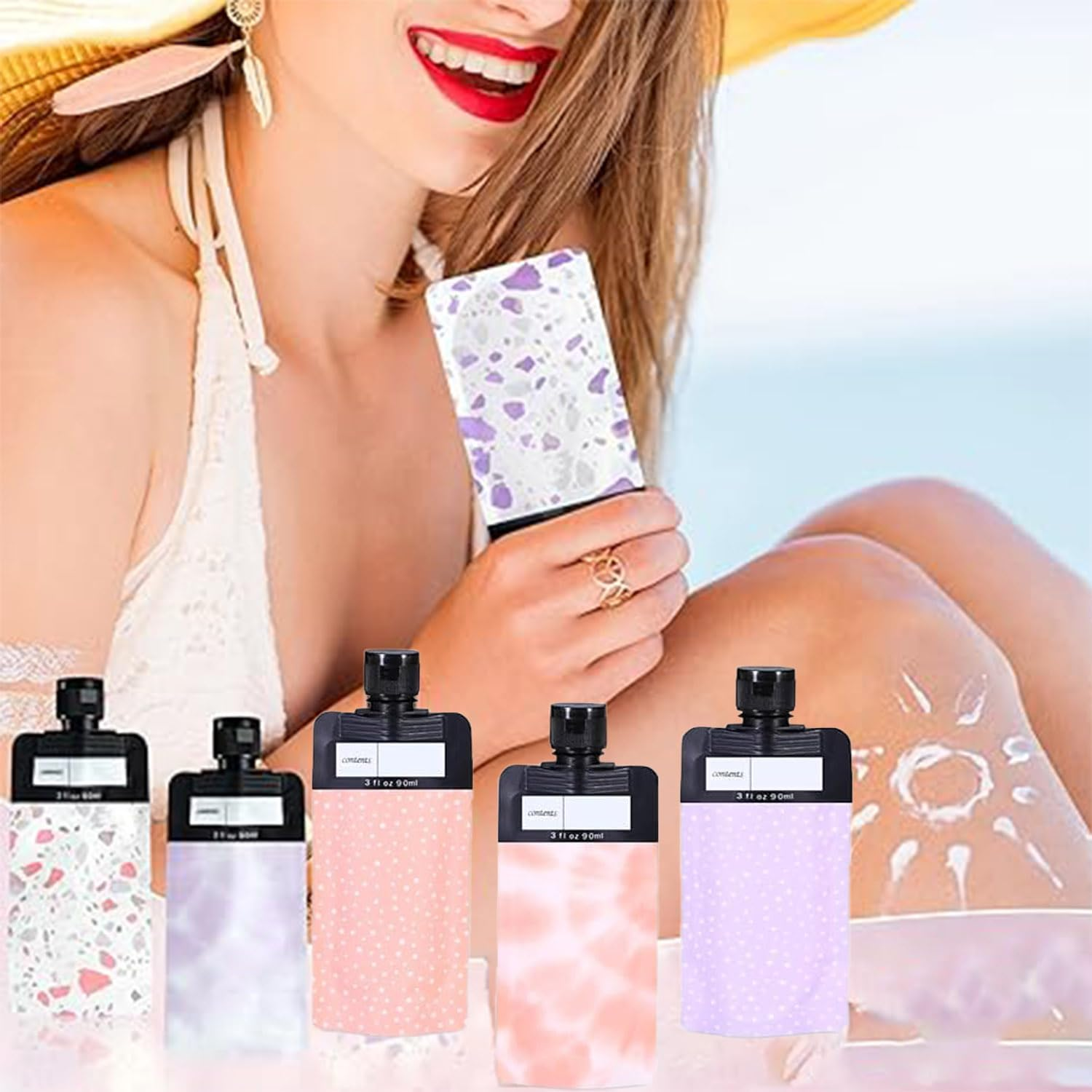 Roczential 6 Pcs Leak Proof Refillable Compression Bag, 90Ml Colorful Leak Proof Refillable Squeeze Pouches, Refillable Travel Pouches Proof Squeeze for Shampoo Conditioner Lotion Soap Hand Soap image number 5