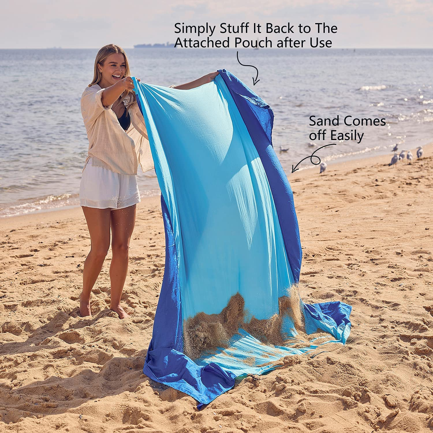 Wekapo Beach Blanket Sandproof, Beach Mat, Big & Compact Sand Free Mat Quick Drying, Lightweight & Durable with 6 Stakes & 4 Corner Pockets, Standard (1~3 Person) image number 2