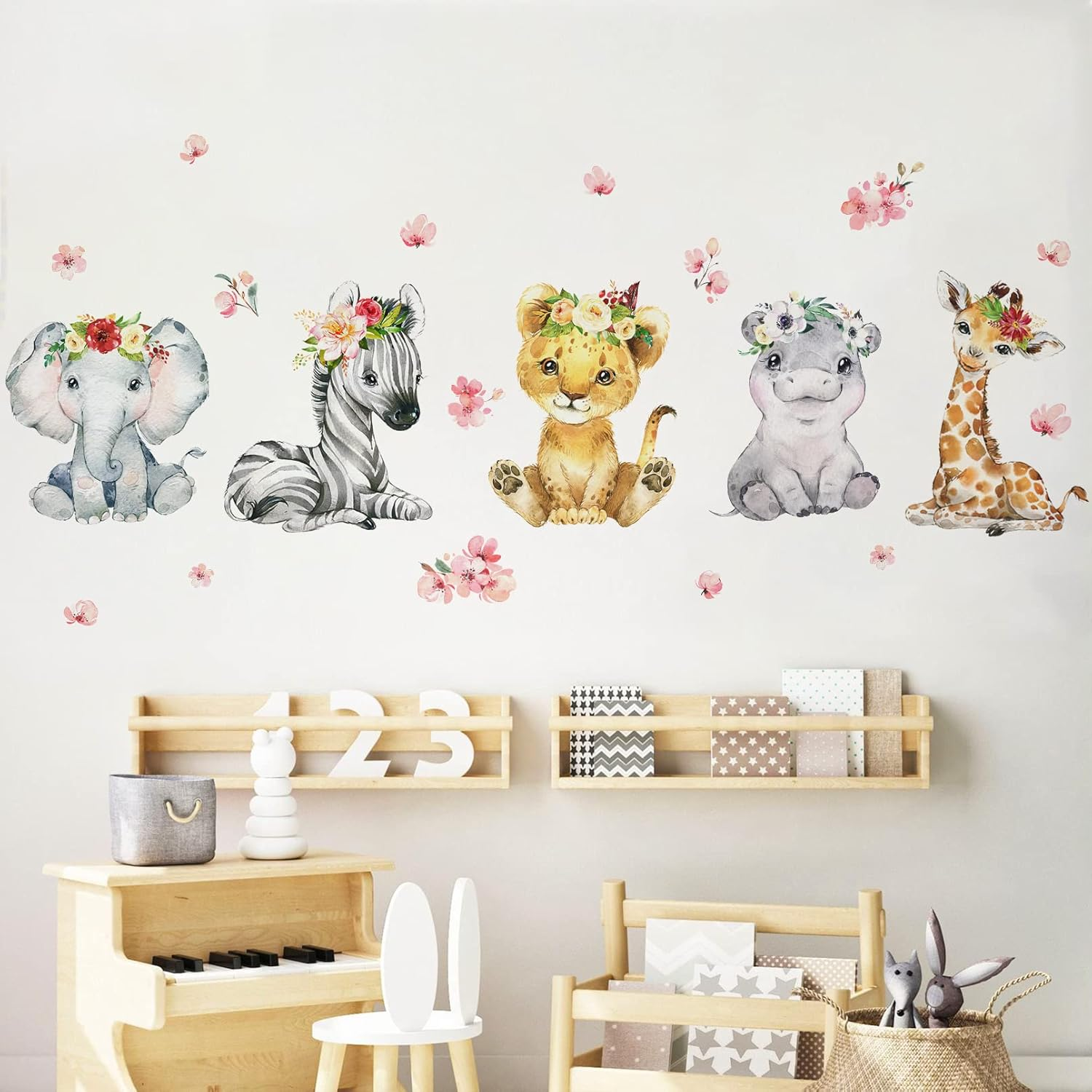 Mfault Girls Safari Jungle Baby Animals Wall Decals Stickers, African Elephant Zebra Giraffe Seahorse Lion Kids Room Nursery Decor, Watercolor Flower Decorations Toddler Bedroom Playroom Art Gift image number 2