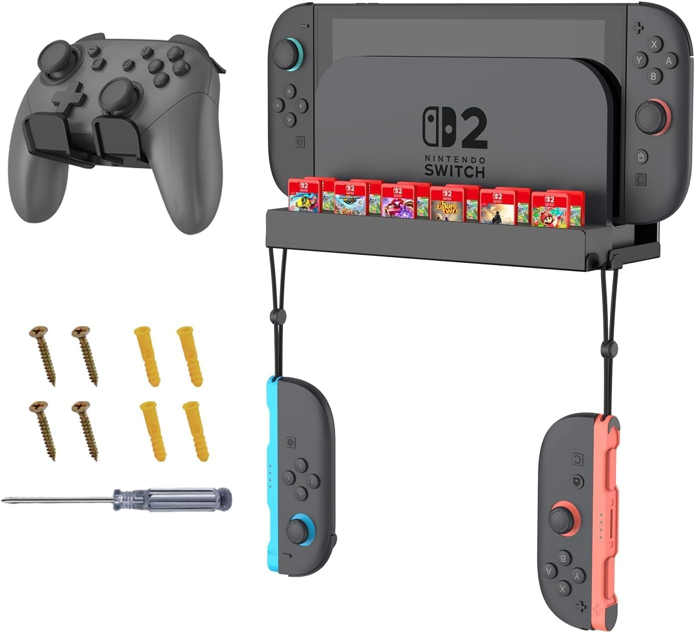ZONEY Wall Mount Compatible with Nintendo Switch 2, Metal Switch 2 Wall Mount Kit with Controller Holder, 12 Game Card Holders and 2 Joy Con Brackets, Safely Store Switch 2 behind or near Tv,Black