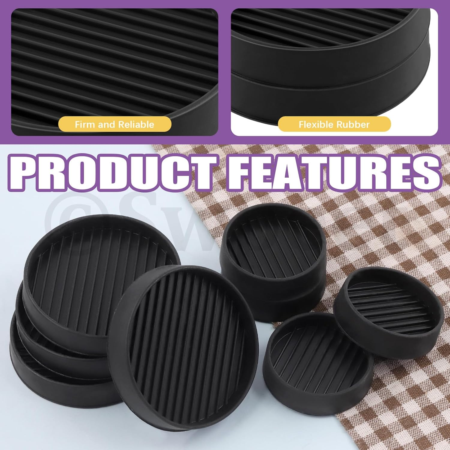 Swpeet 4Pcs 3" X 3" round Black Rubber anti Skid Caster Cups Non Slip Furniture Pads Kit, Anti-Slip Gripper, anti Skid Furniture Feet anti Slide Floor Stoppers for Bed Couch Table Chair Stoppers image number 6
