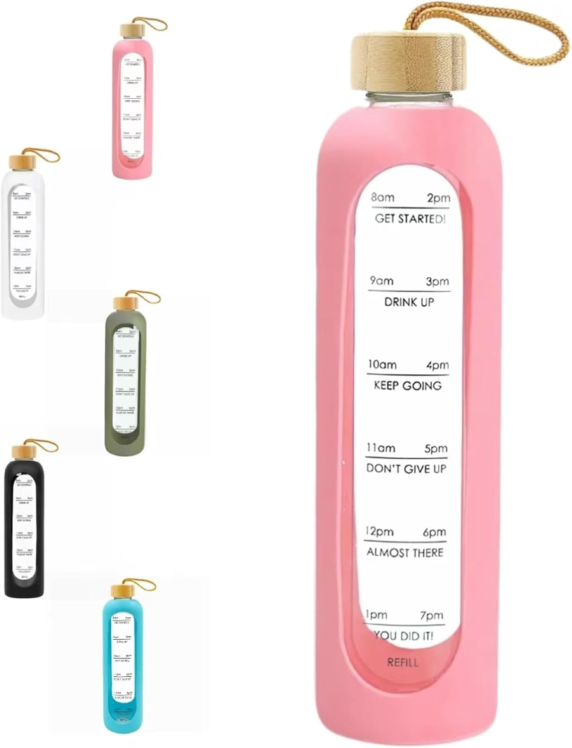 HENGFEI 1 Litre Borosilicate Glass Water Bottle with Time Markings and Reminder Quotes, Glass Drink Bottle 1L with Silicone Sleeve and Bamboo Lid. (Army Green Silicone Sleeve)