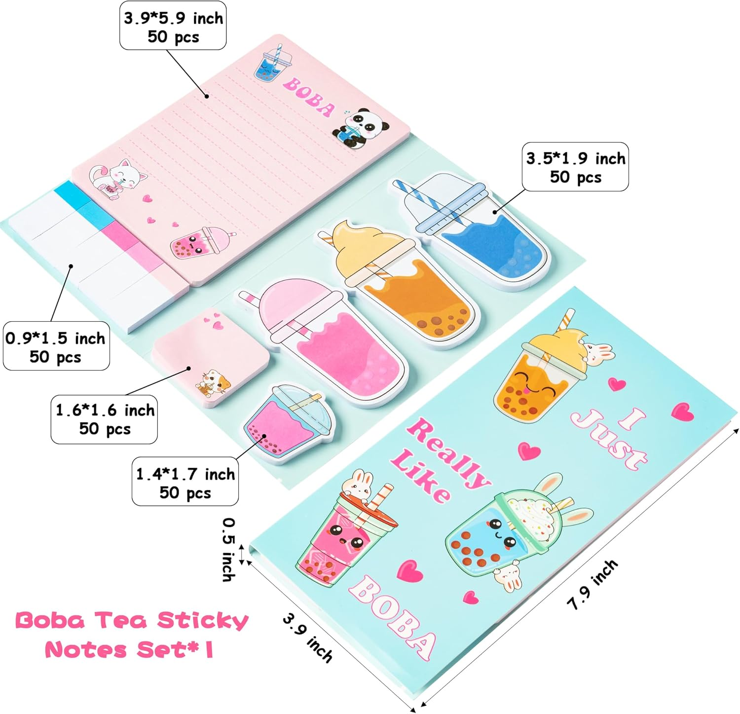 Xqumoi I Just Really like Boba Sticky Notes Set, 550 Sheets, Cute Bubble Tea Self-Stick Notes Pads Milk Tea Theme Divider Tabs Bundle Writing Memo Pads Back to School Office Supplies Small Gift image number 4