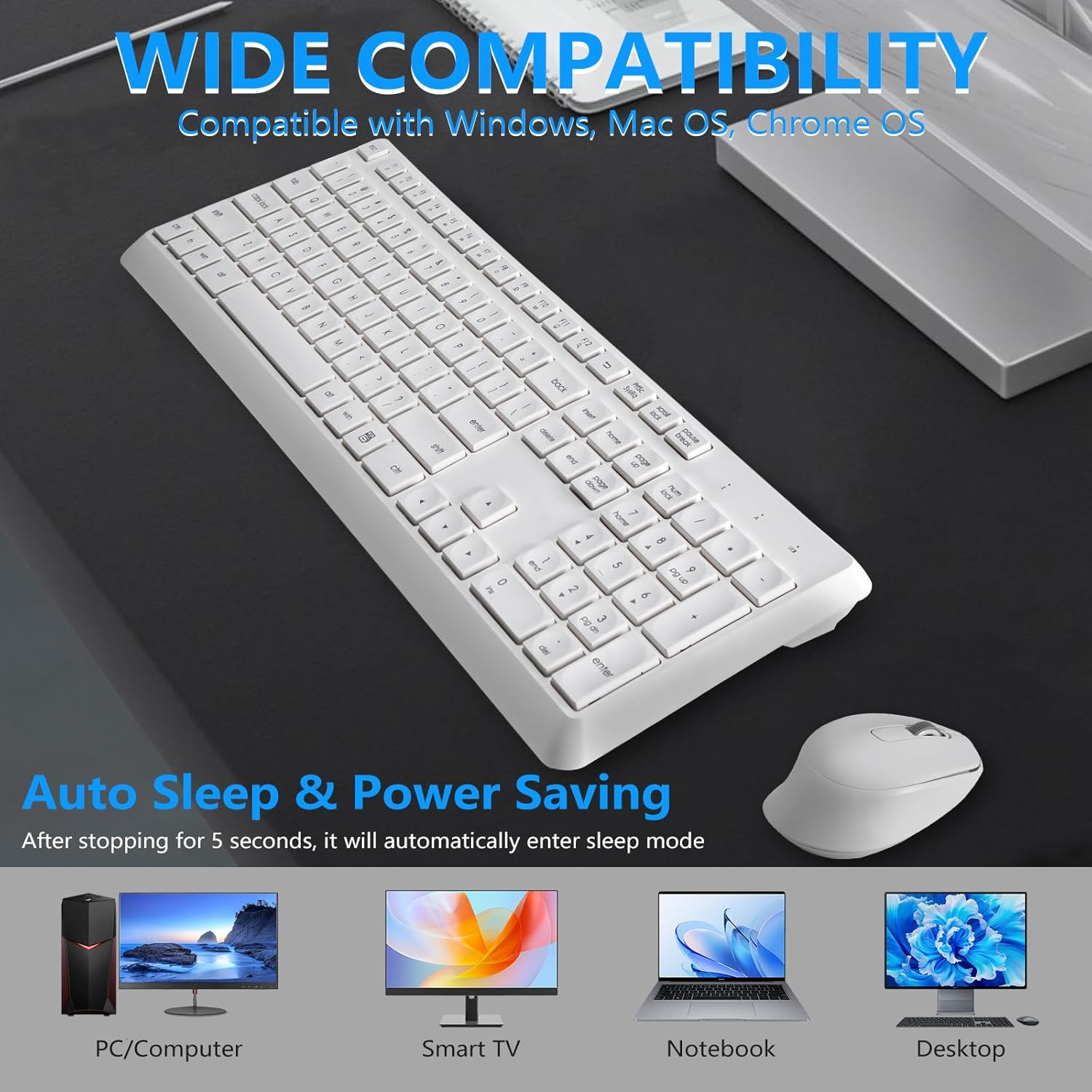 HUO JI Wireless Keyboard and Mouse Combo for Windows Mac, Quiet and Soft, 2.4G Full-Size Computer Keyboard and Ergonomic Wireless Mouse, Long Battery Life 12 Months Battery, White - White image number 4