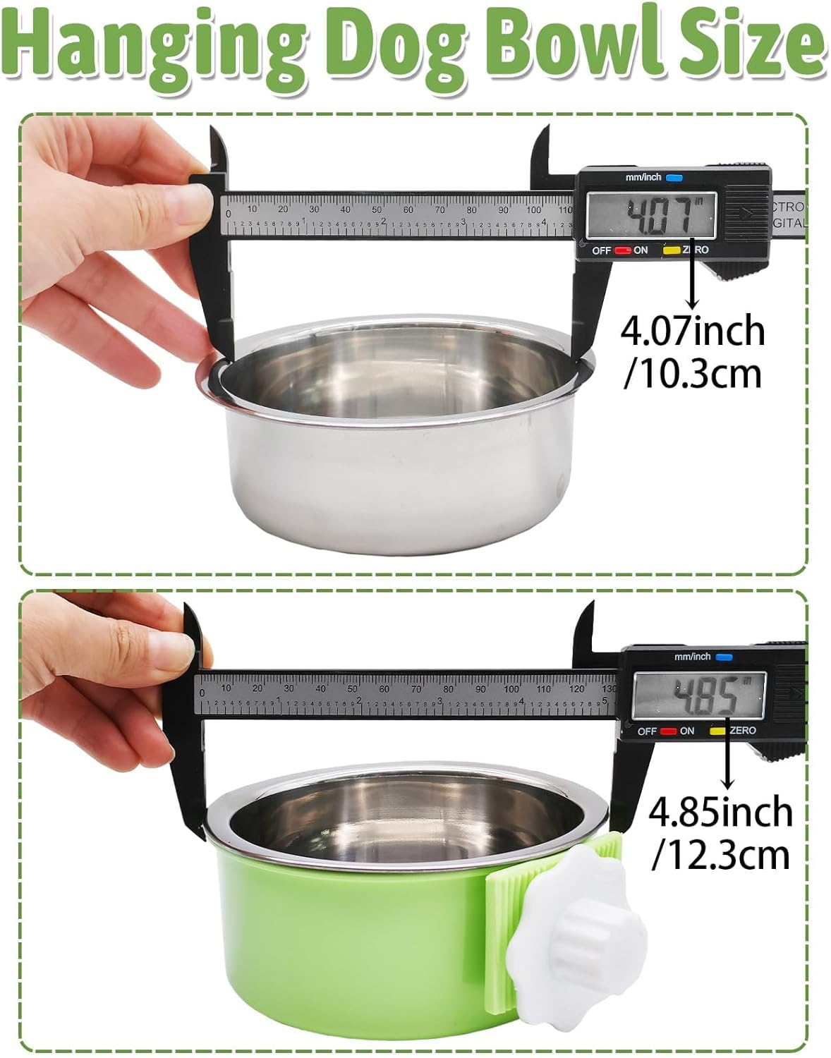 Kathson Crate Dog Bowl, Removable Stainless Steel Hanging Pet Cage Bowl Food & Water Feeder Coop Cup for Cat, Puppy, Birds, Rats, Guinea Pigs 2Pcs(Blue,Green)