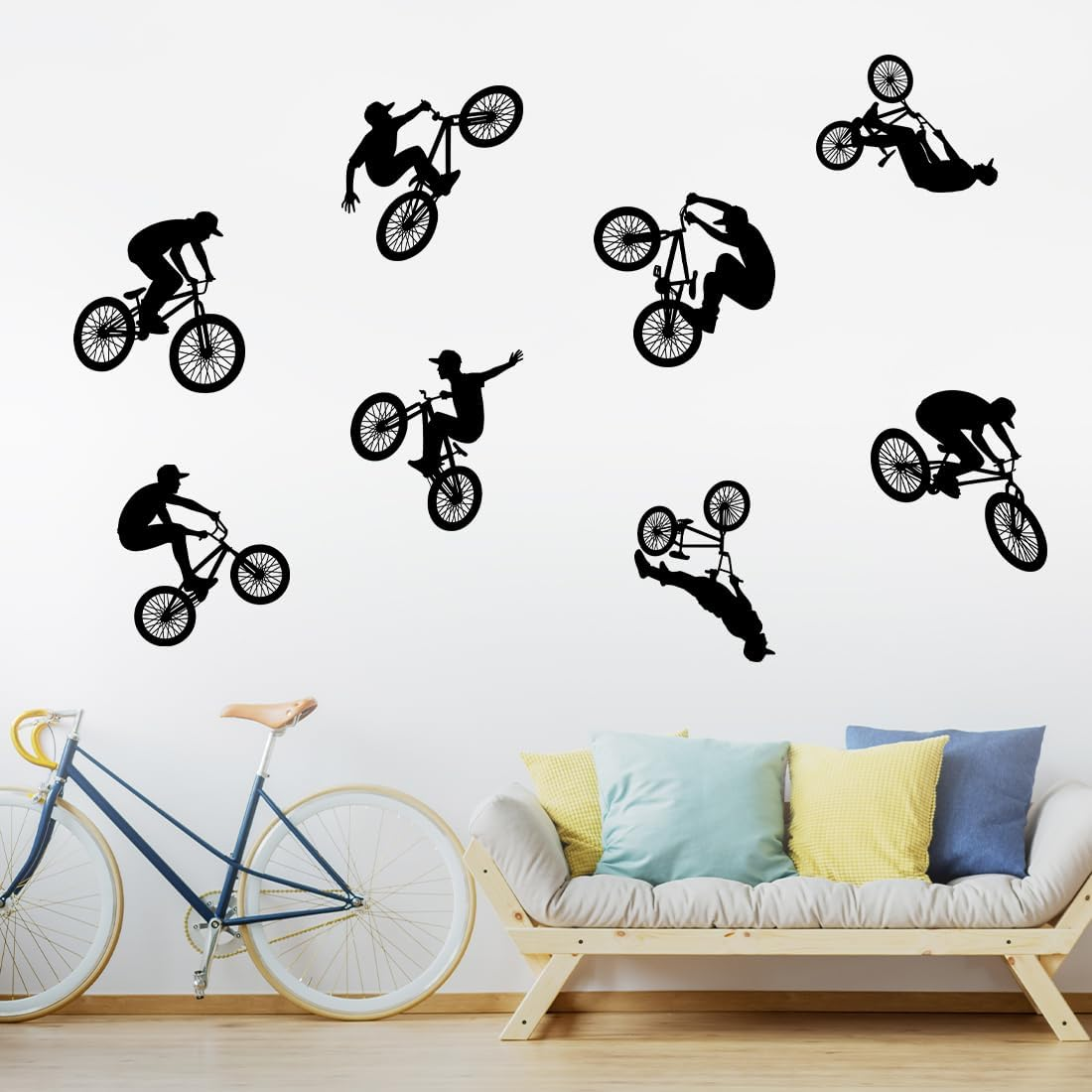 LZYMSZ Jump Bike Cyclist Wall Decals, BMX Bicycle Extreme Sports Wall Stickers, Removable Mountain Bike Rider DIY Art Silhouette Wall Mural Wallpaper for Man Kids Boys Girls Room Bedroom Home Decor image number 2