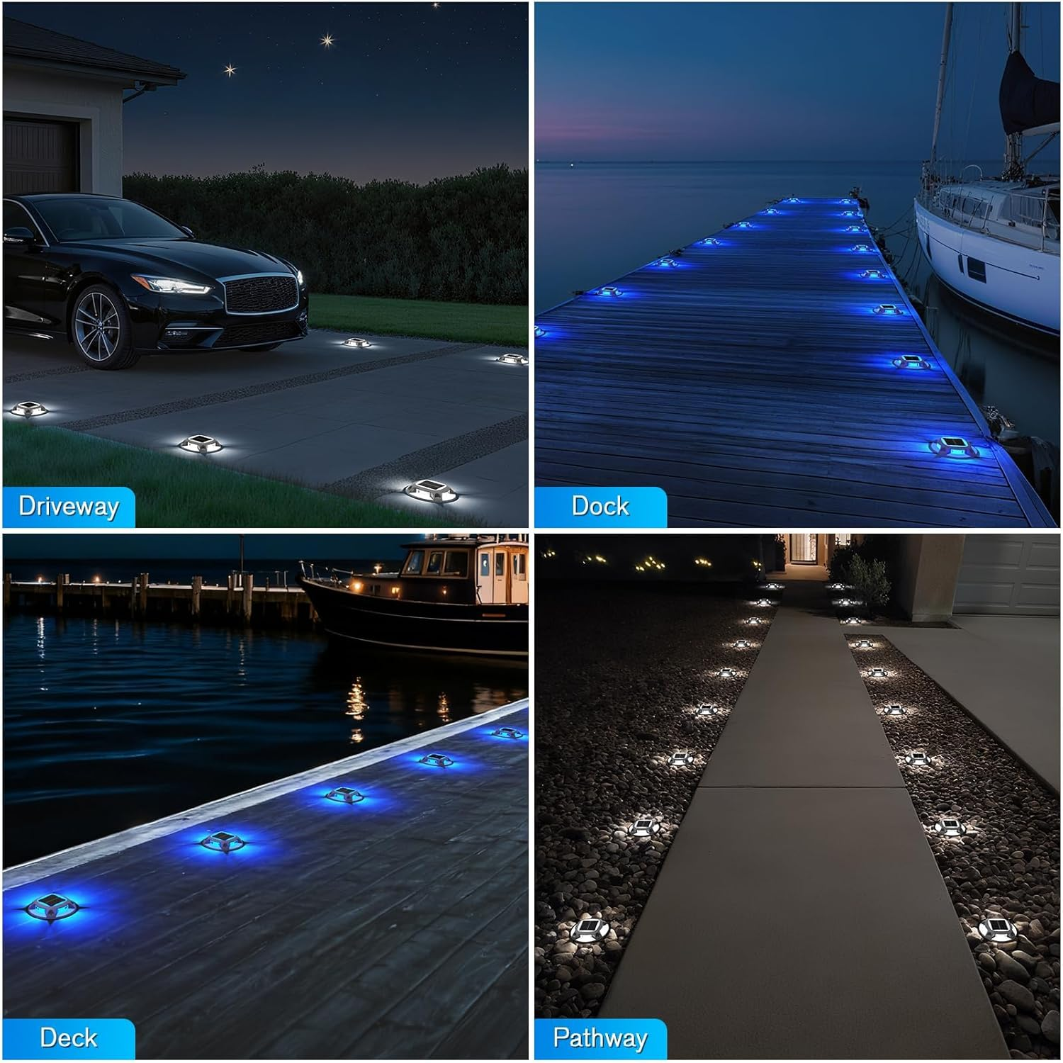 8 Pack Solar Deck Lights,2 Colors Wireless Driveway Safety Light,Ip68 Outdoor Waterproof Marine Dock Lights, for Sidewalk Walkway Pathway Dock Lawn Garden Decor(White and Blue) - 2 Pcs image number 3