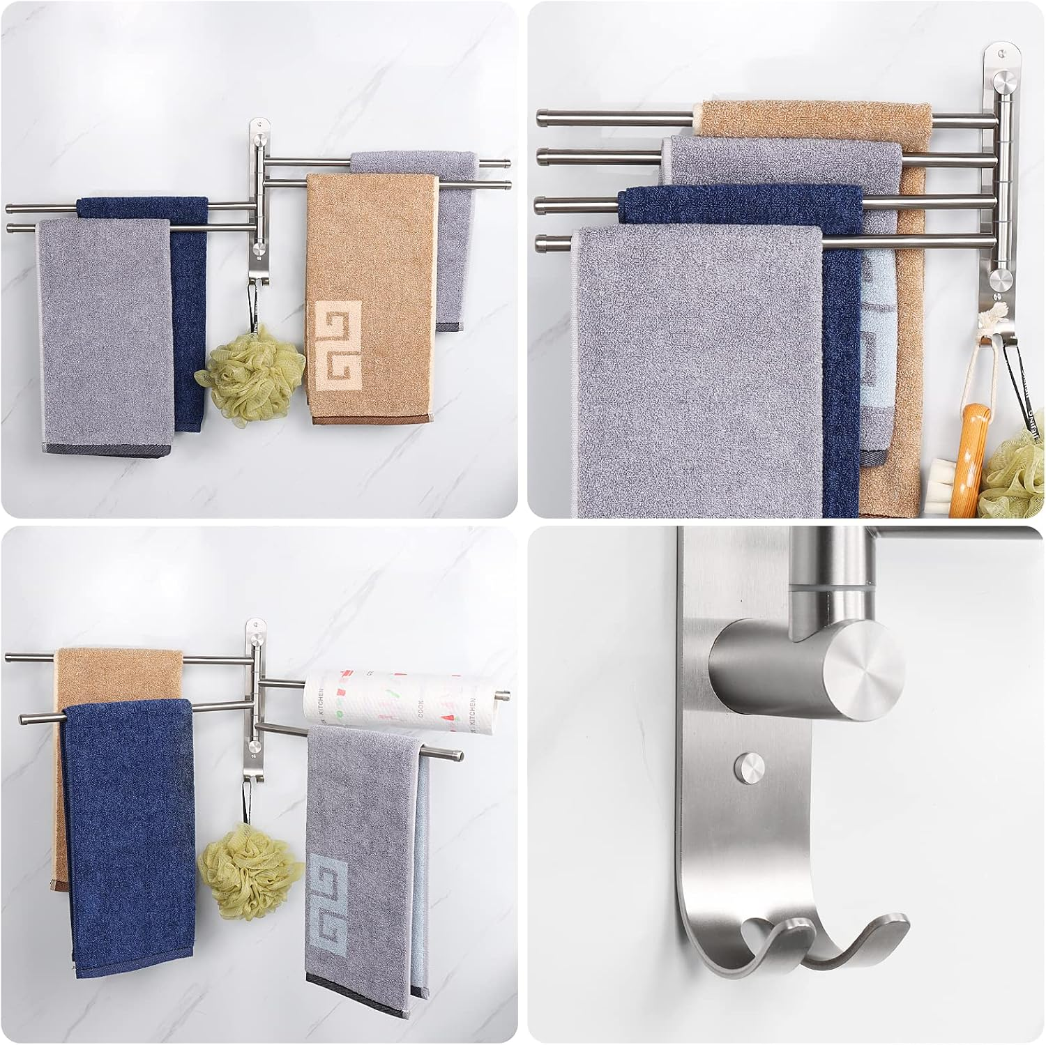 Nearmoon Swivel Towel Rack, Thicken SUS304 Stainless Steel 4-Arm Towel Bar, Space Saving Wall Mounted Towel Holder with Hook, Rustproof Swing Out Towel Hanger for Bathroom, Kitchen (Brushed Nickel)