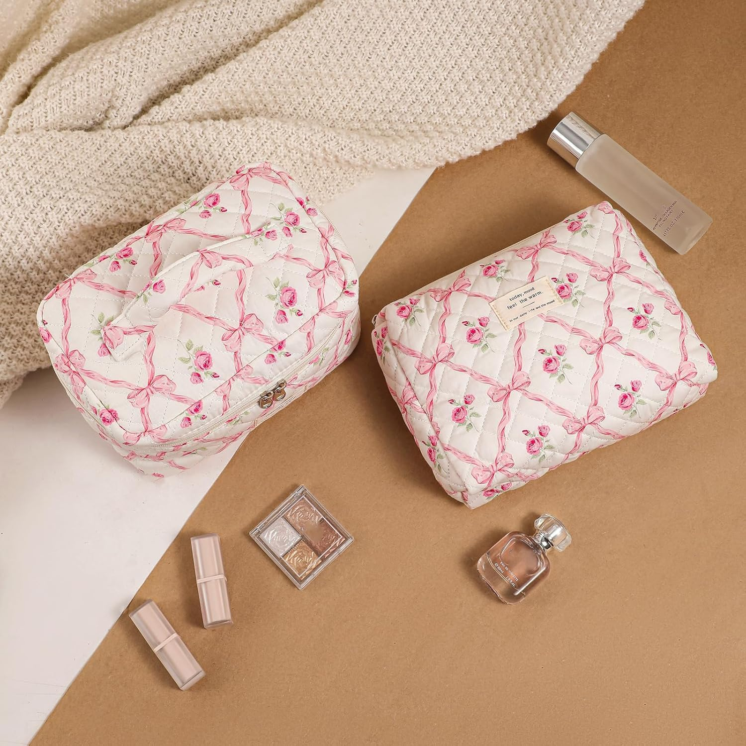 Large Quilted Makeup Bag for Women and Girls, Cute Coquette Floral Cotton Cosmetic Bag, Aesthetic Travel Organized Toiletry Bags, 3Pcs Pink Bows - 01Pink Bows image number 6