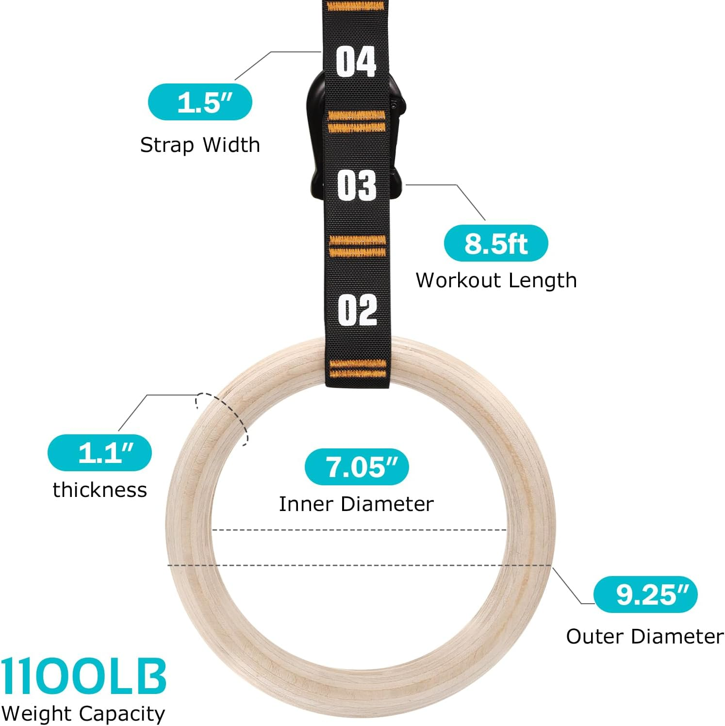 Vulken Wooden Gymnastic Rings with Adjustable Numbered Straps. 1.1'' Olympic Rings for Core Workout, Crossfit, and Bodyweight Training. Home Gym Rings 1600Lbs with Workout Handles