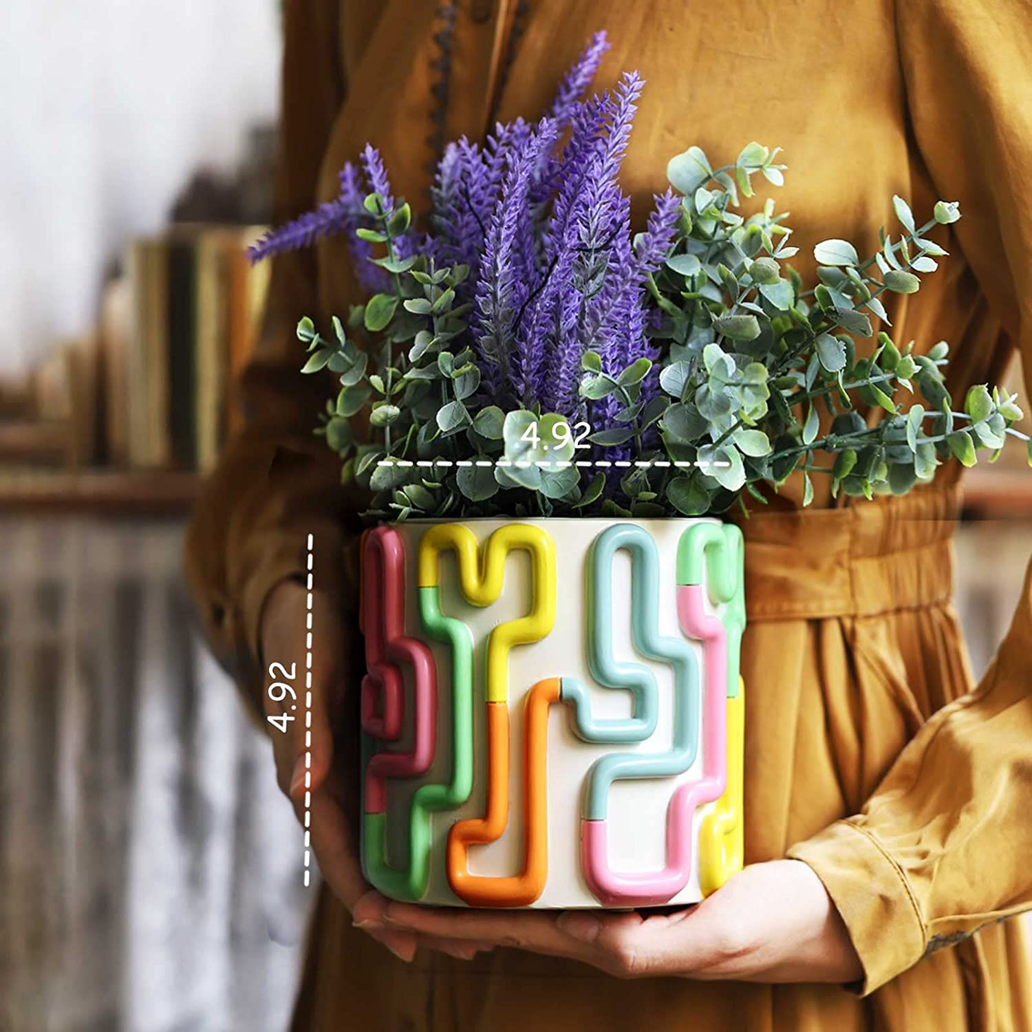 GUGUGO Colorful Squiggle Lines Planters Cute Unique Rainbow Planter with Drainage, Vintage Retro Flower Plant Pots for Indoor & Outdoor Plants, Eclectic Succulent Gardening Pot for Boho Modern D&eacute;cor image number 4