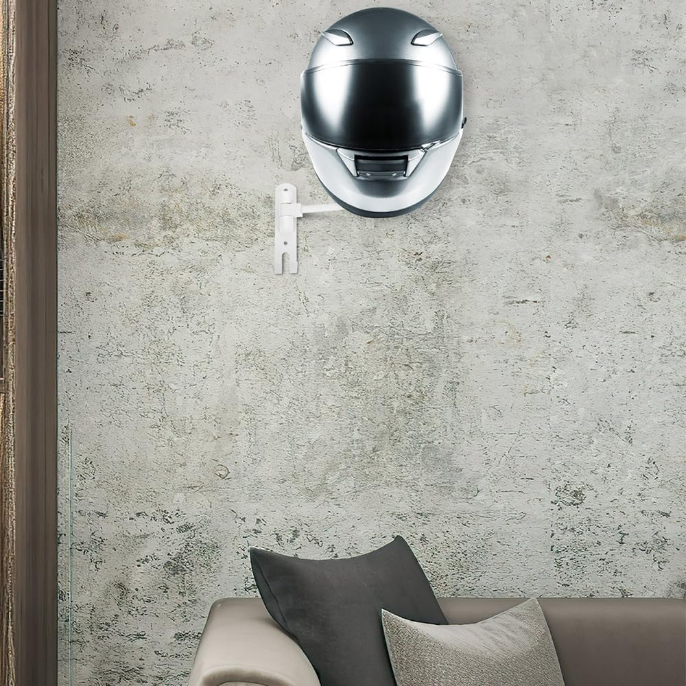 Motorcycle Helmet Rack with 2 Hooks, 180&deg; Rotation Aluminum Alloy Helmet Holder Wall Mount, Helmet Display Rack for Motorcycle Bike Coats, Caps, Baseballs, Rugby Helmet, White image number 6