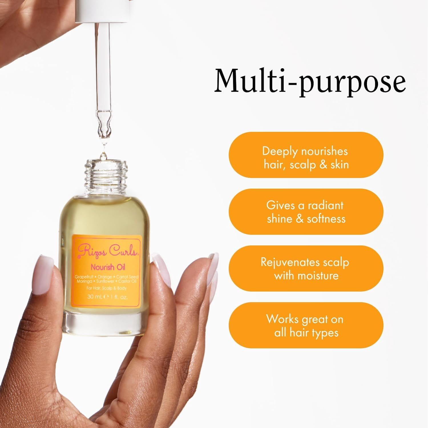 Rizos Curls Nourish Oil Strength & Frizz Control - Improve Split Ends & Repair Dry Brittle Hair Smooths & Hydrates All Hair Types Straight, Wavy, Curly Non-Greasy, Sulfate & Paraben Free