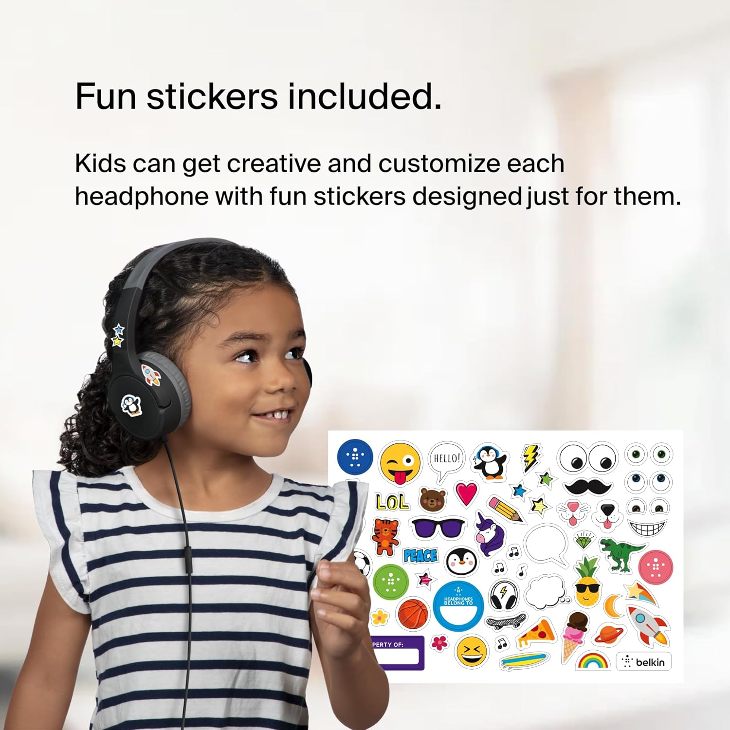Belkin Soundform Mini Kids Wired Headphones with Built-In Microphone & Fun Stickers, 85Db Safe Volume Limit &ndash; for Online Learning, Travel, Compatible W/Iphone 15, Ipad, Galaxy S23, & More - Black image number 1