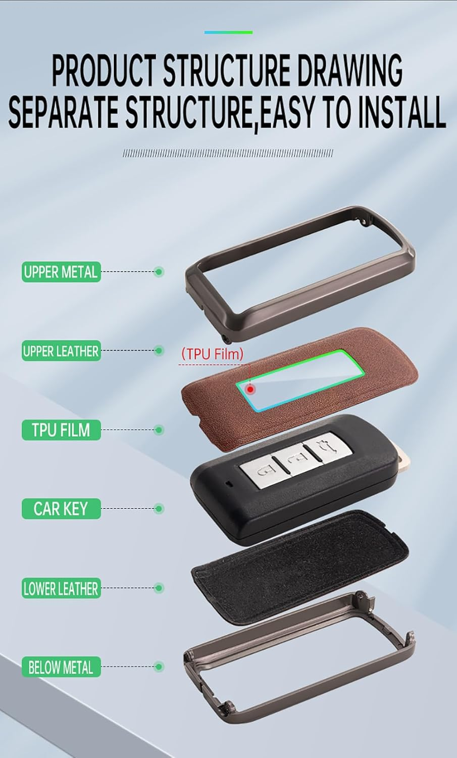 Remote Control Car Key Csae Zinc Alloy Leather Keyring Key Cover Fit for Mitsubishi L200 ASX Outlander Eclipse Cross Pajero Sport Lancer GT Mirage G4 2/3 Buttons Key Fob Holder Silvery-Brown image number 2