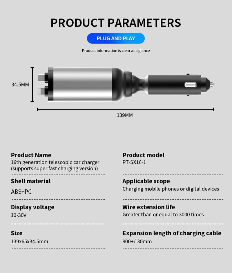 Retractable Car Charger 4 in 1, Fast Car Phone Charger with Cord 2.6Ft, USB C and Apple Car Charger Adapter, Compatible with Iphone 16 15/15 Pro Max/14/13/12/11 (Lightning + Type C) image number 3
