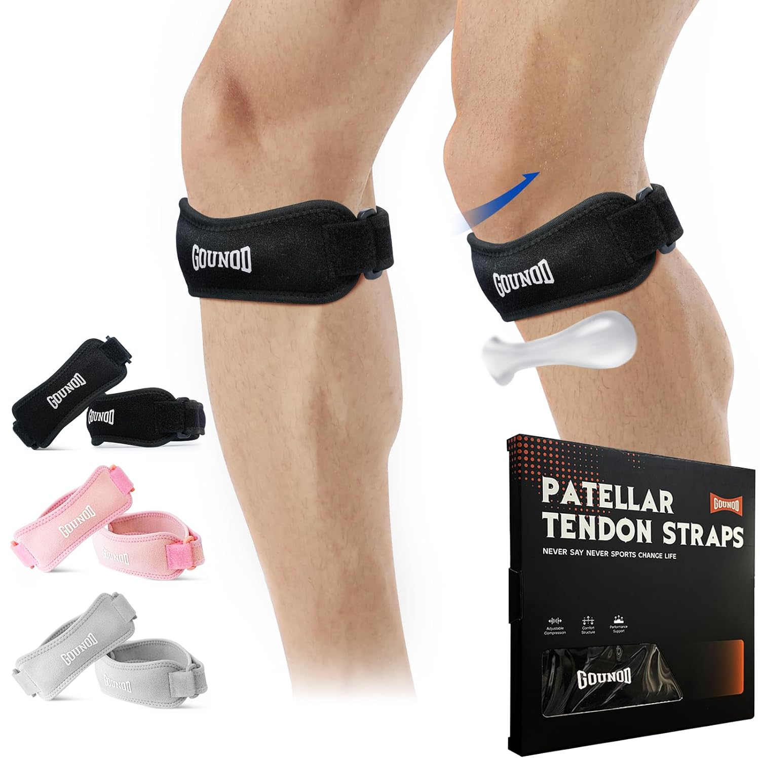 GOUNOD Patella Knee Strap 2 Pack, Knee Brace Support for Knee Pain Relief, Adjustable Patellar Band for Hiking, Volleyball, Soccer, Basketball, Running, Jumpers Knee Squats (Black) image number 1