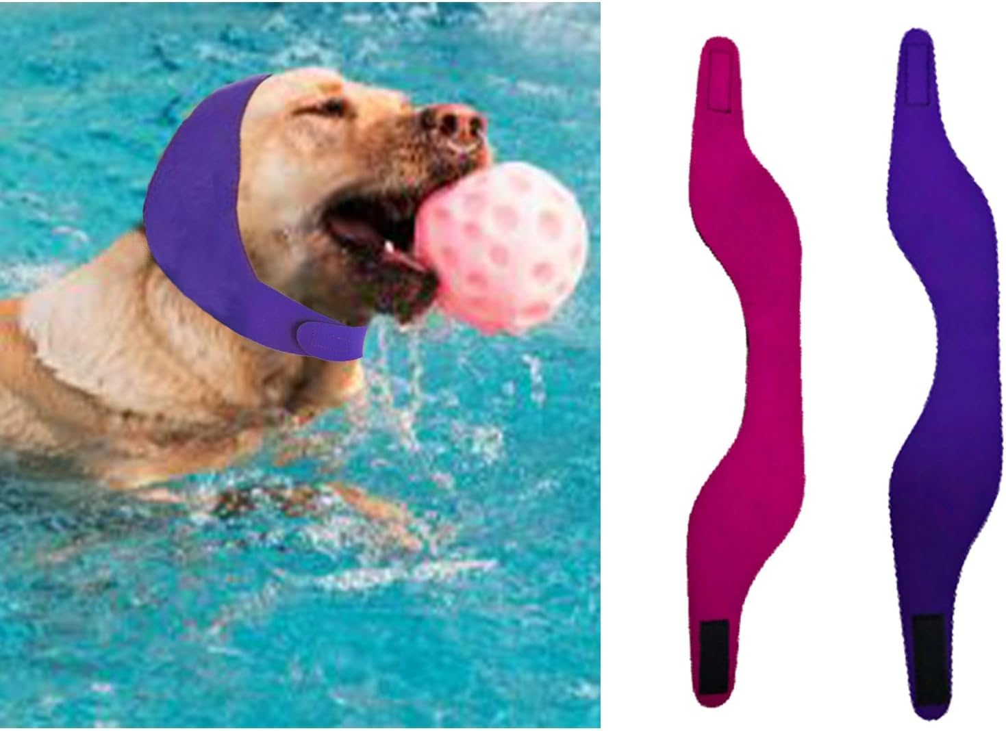 MANON ROSA Dog Ear Covers for Bathing & Swimming Waterproof &ndash; 2Pcs Upgraded Anti-Slip Dog Shower Swim Cap, Ear Plugs, and Rain Hat for Medium Large Dogs Puppies Cats (1 Pink 1 Purple,M)