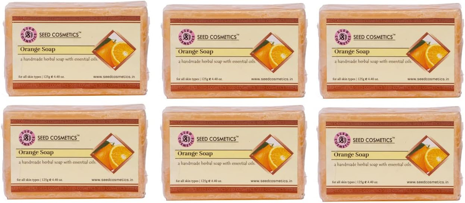 Seed Cosmetics Moisturising Herbal Orange Bathing Bar Soap with Glycerine for Radiant Glow 125G (Pack of 6)
