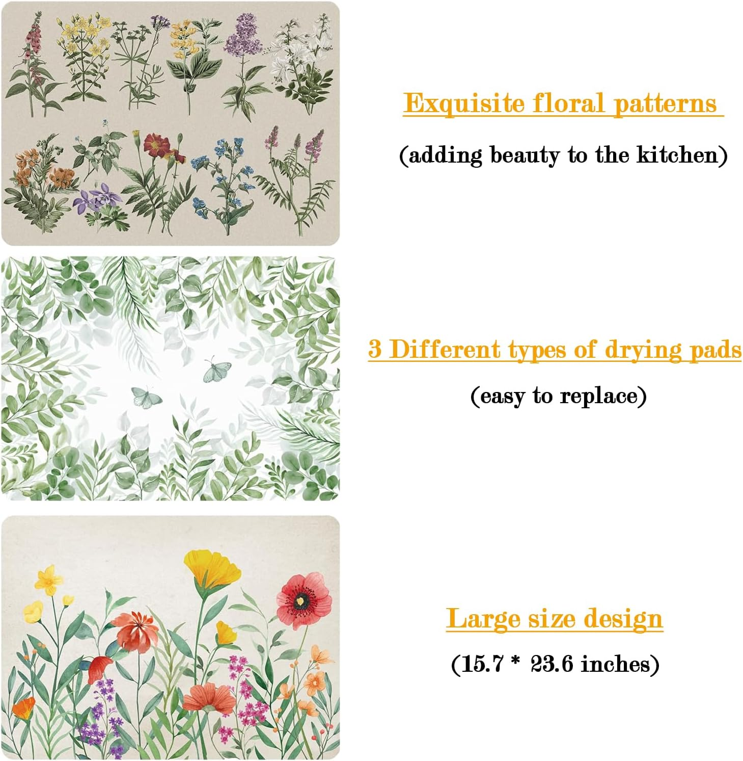 Dish Drying Mat,Coffee Mat 3Pcs,15"X23.6"Drying Mat,Kitchen Drying Mat with Flower Herbs,Coffee Bar Mats for Countertop,Kitchen Counter Dining Room Decoration image number 2