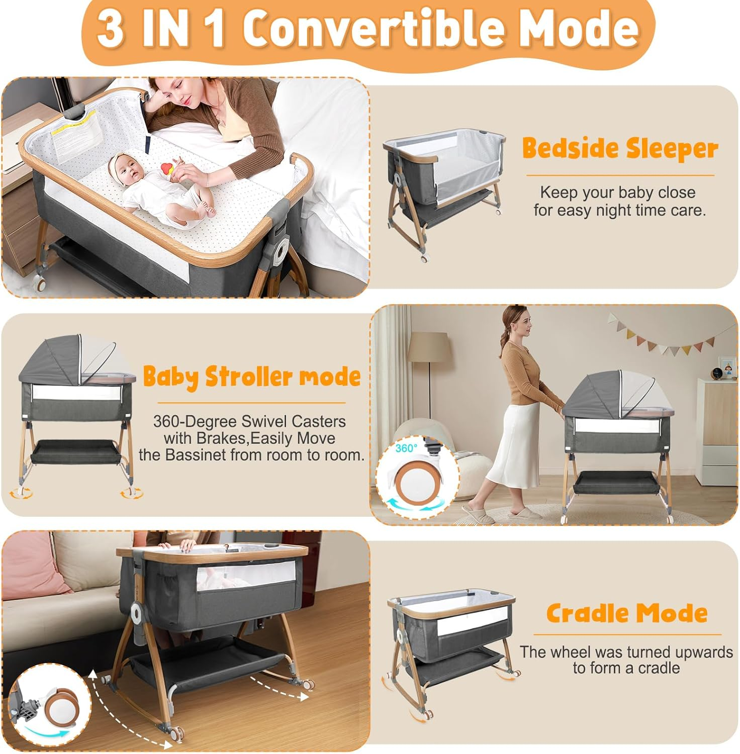 3 in 1 Baby Bassinet, Bedside Sleeper for Baby, Bedside Crib with Wheels & Storage Basket & Mosquito Net, Height Adjustable Baby Bed, Portable Bassinet for Newborn/Infant image number 1