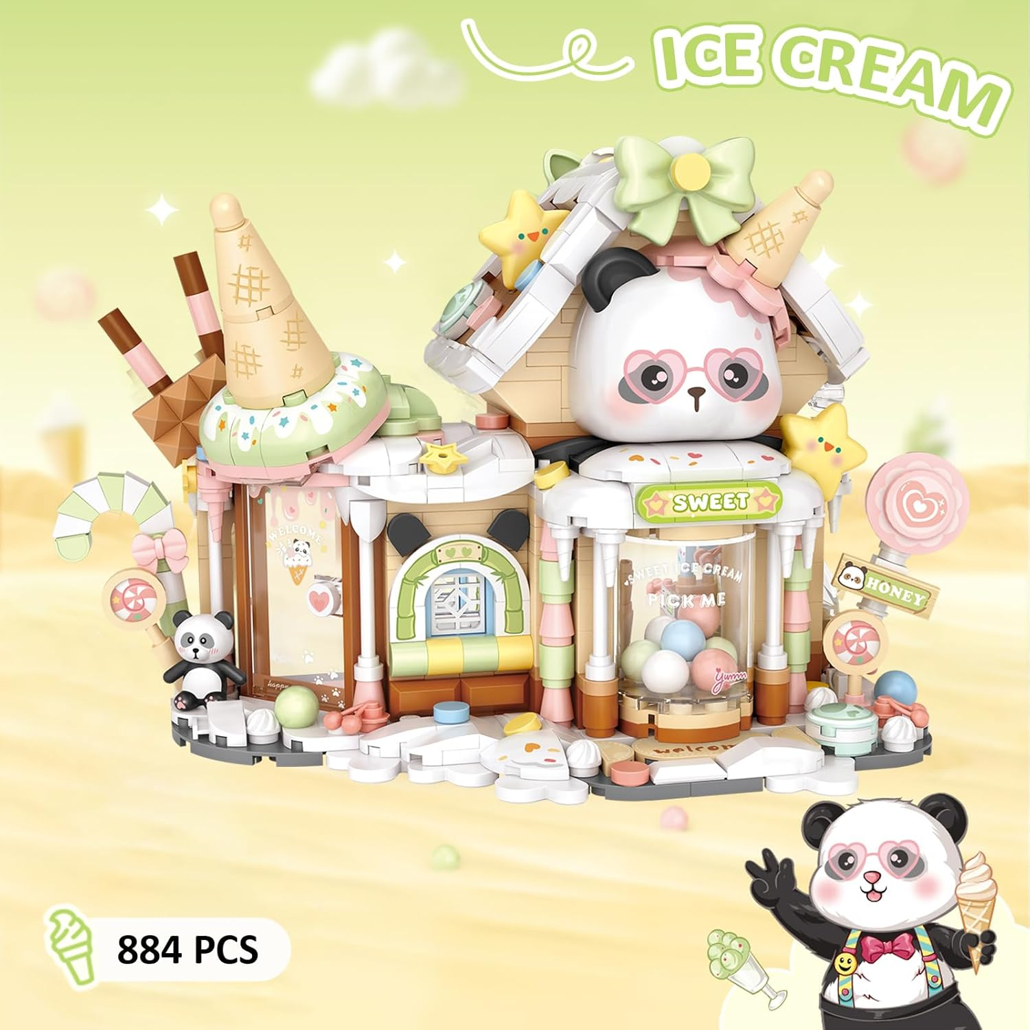 MEIEST Panda Ice Cream Shop Building Blocks Set,Mini City Shop Street View Particle Construction Building Bricks Toy,Home Decoration