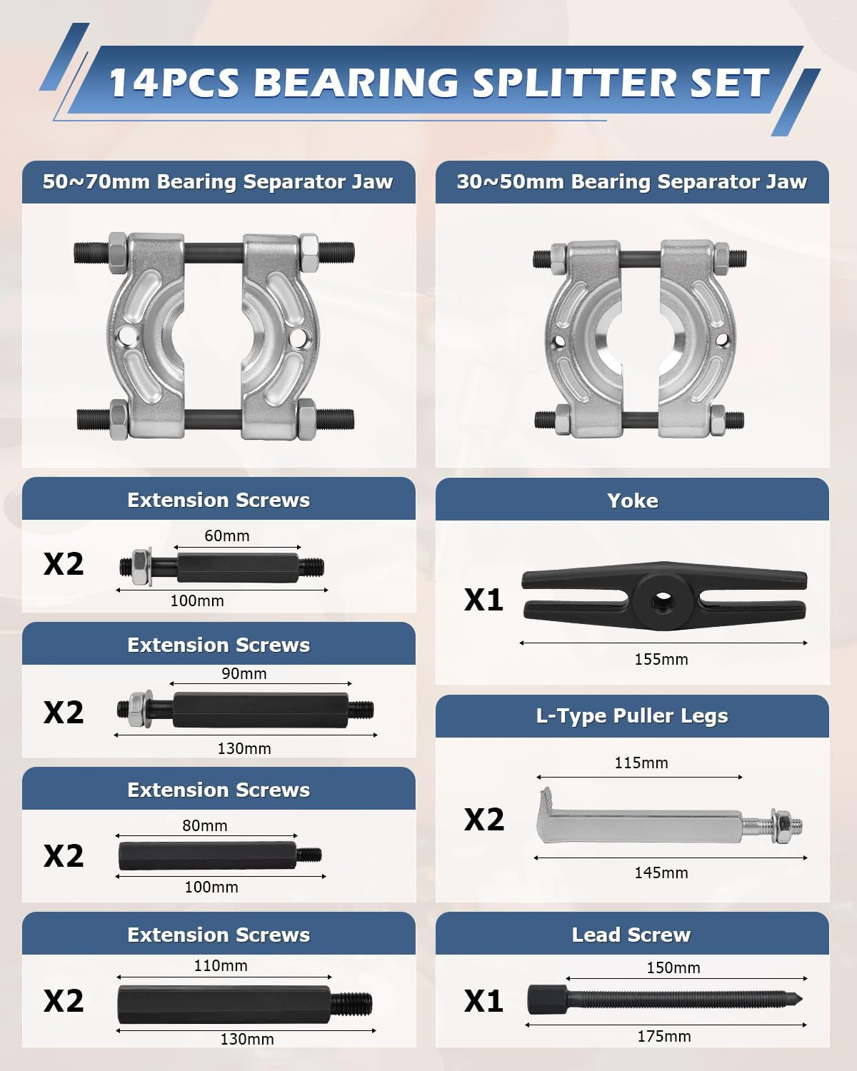 DA YUAN 14Pcs 5 Ton Capacity Bearing Separator Puller Set 2" and 3" Splitters Remove Bearings Kit image number 2