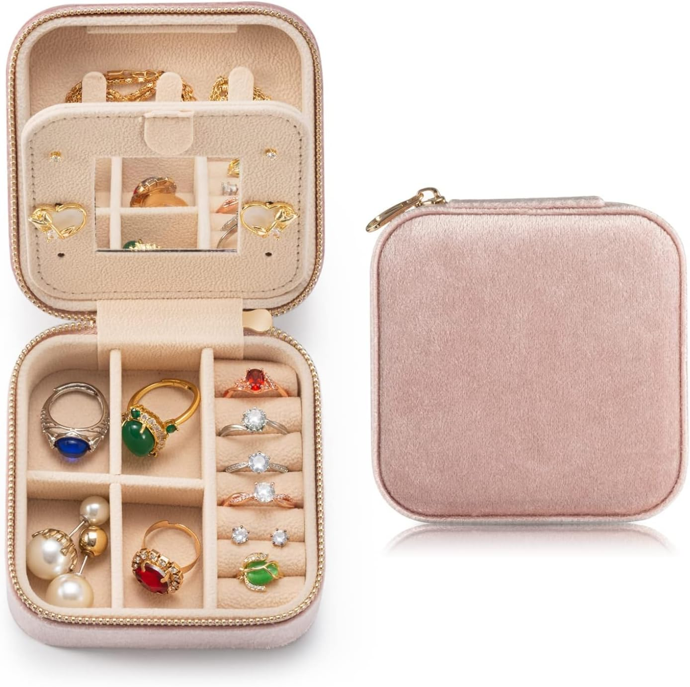 Velvet Travel Jewelry Box, Mini Travel Jewelry Case Organizer with Built in Mirror for Women Girls, JOMWEN Portable Display Storage Box for Rings Earrings Necklaces Bracelets (Emerald Green)