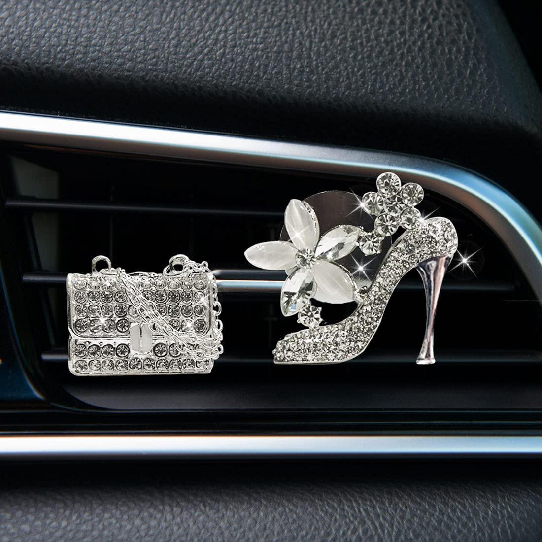 Crystal High Heel Shoe & Magic Bag & Crystal Crown Car Air Vent Clip Charm Sparkly Bedazzled Rhinestone Car Accessories，Car Interior Decoration Charm，Rhinestone Cute Car Decor Girls image number 3