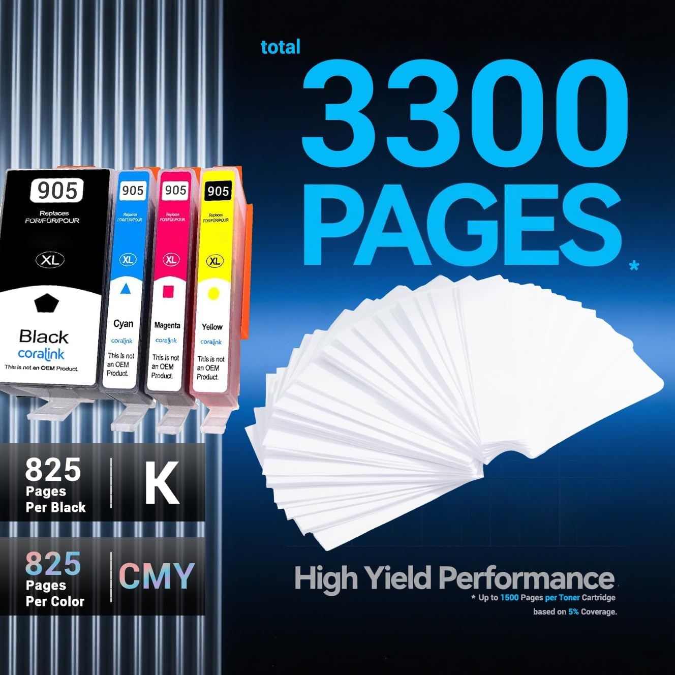 Coralink 905Xl Cartridges Remanufactured 905Xl Compatible for Hp Ink Woks with Officejet Pro 6968 6978 6960 6963 6965 6966 6970 6976 6950 6956 Inkjet Printer High Yield Capacity 905 (BK/C/M/Y 4Pack) image number 3