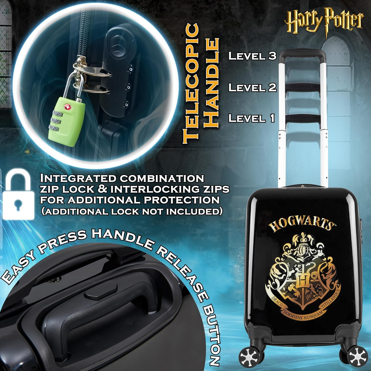 Harry Potter Suitcase for Kids Teens Hogwarts Hard Shell Luggage Rolling Suitcase 4 Wheels & Extendable Handle Travel Essentials for Vacations Trips (S/21.65Inch - 31L, Black)