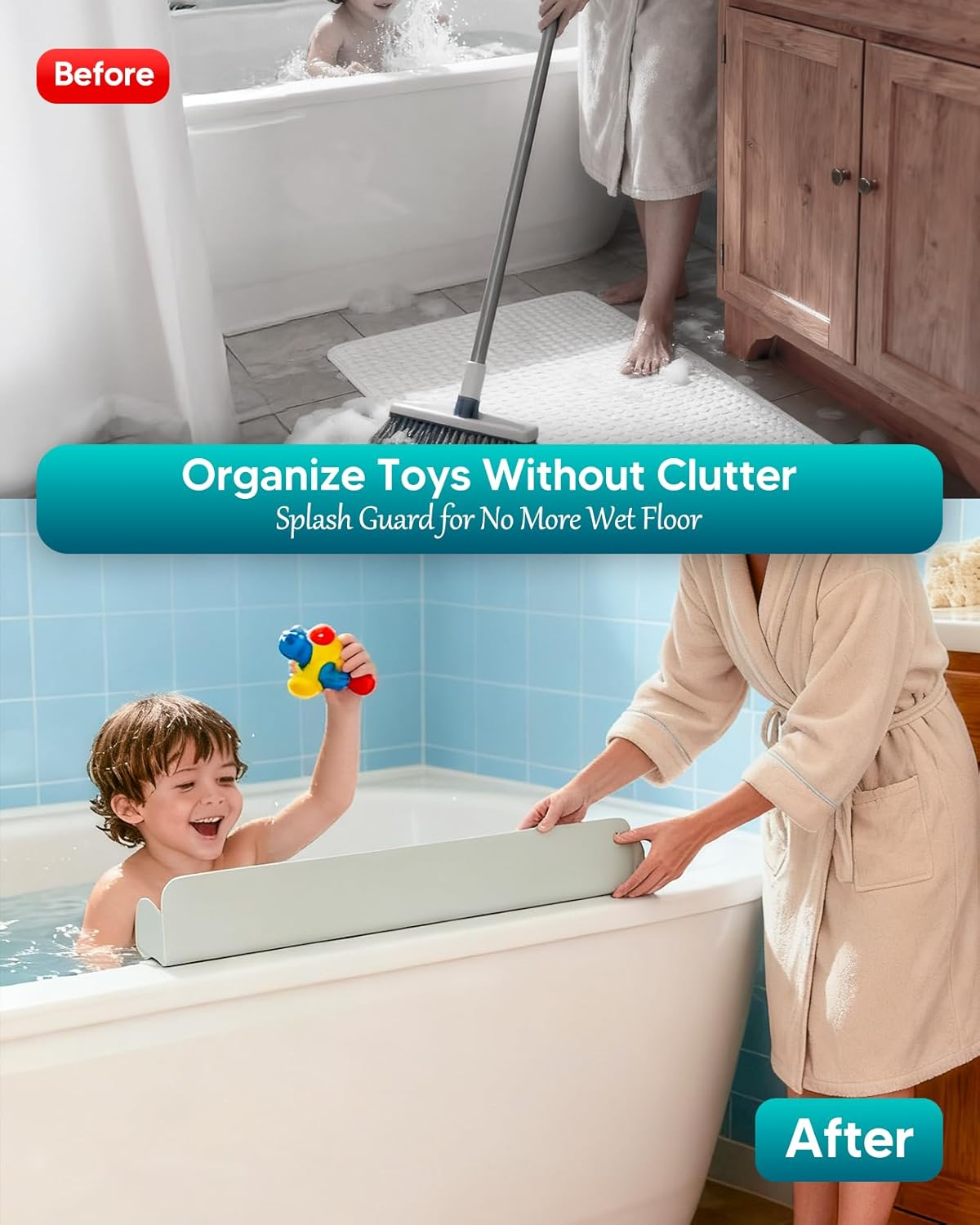 Duseu 1.96-Ft Bathtub Splash Guard, Silicone Bath Tub Tray for Kids, Bathtub Shelf Toy Holder with 10 Strong Suction Cups, No Water Spills in Bathroom & Kitchen Sink, Easy Clean & Fold, Grey image number 3