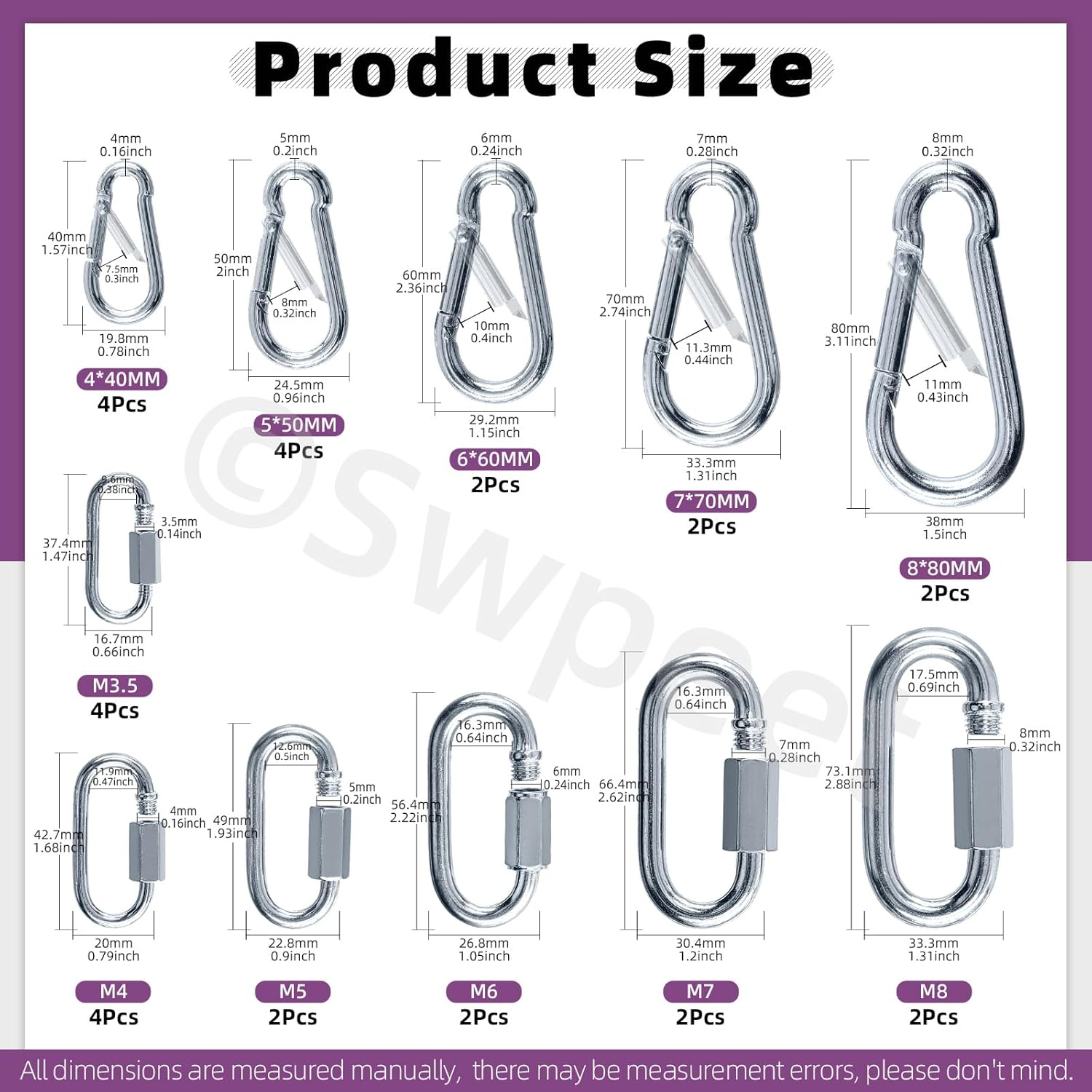 Swpeet 30Pcs M3.5 M4 M5 M6 M7 M8 Galvanized Safety Chain Quick Link and Galvanized Spring Snap Hook Assortment Kit, Heavy Duty Chain Connector Chain Coupler D Shape Locking image number 4